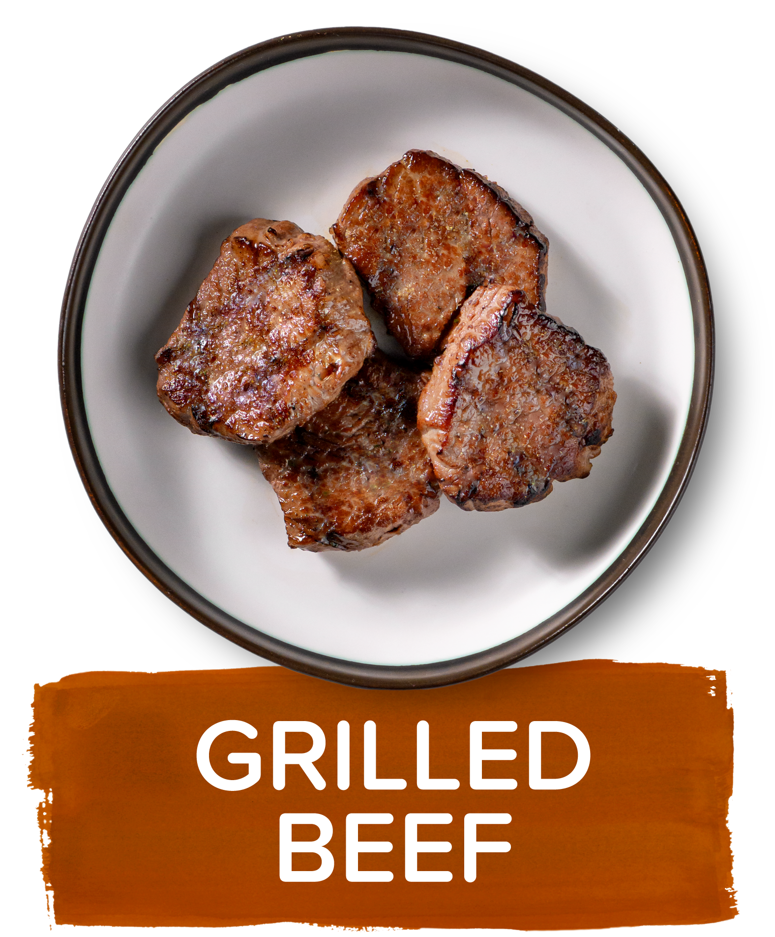 An overhead image of a small plate showing a portion of four pieces of grilled beef