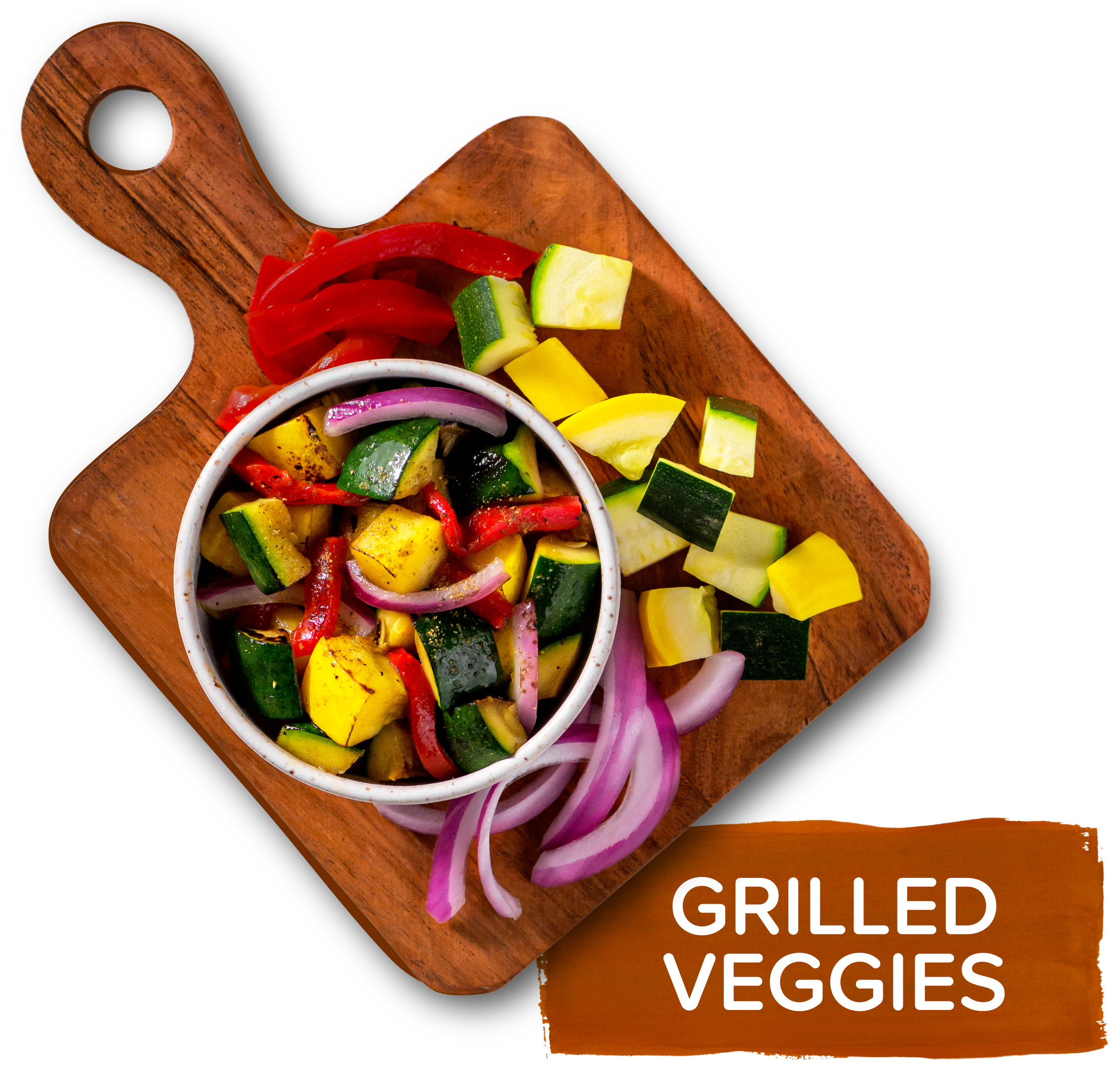 An overhead photo of a small wooden board with diced grilled vegetables, labeled with text that says "grilled veggies"