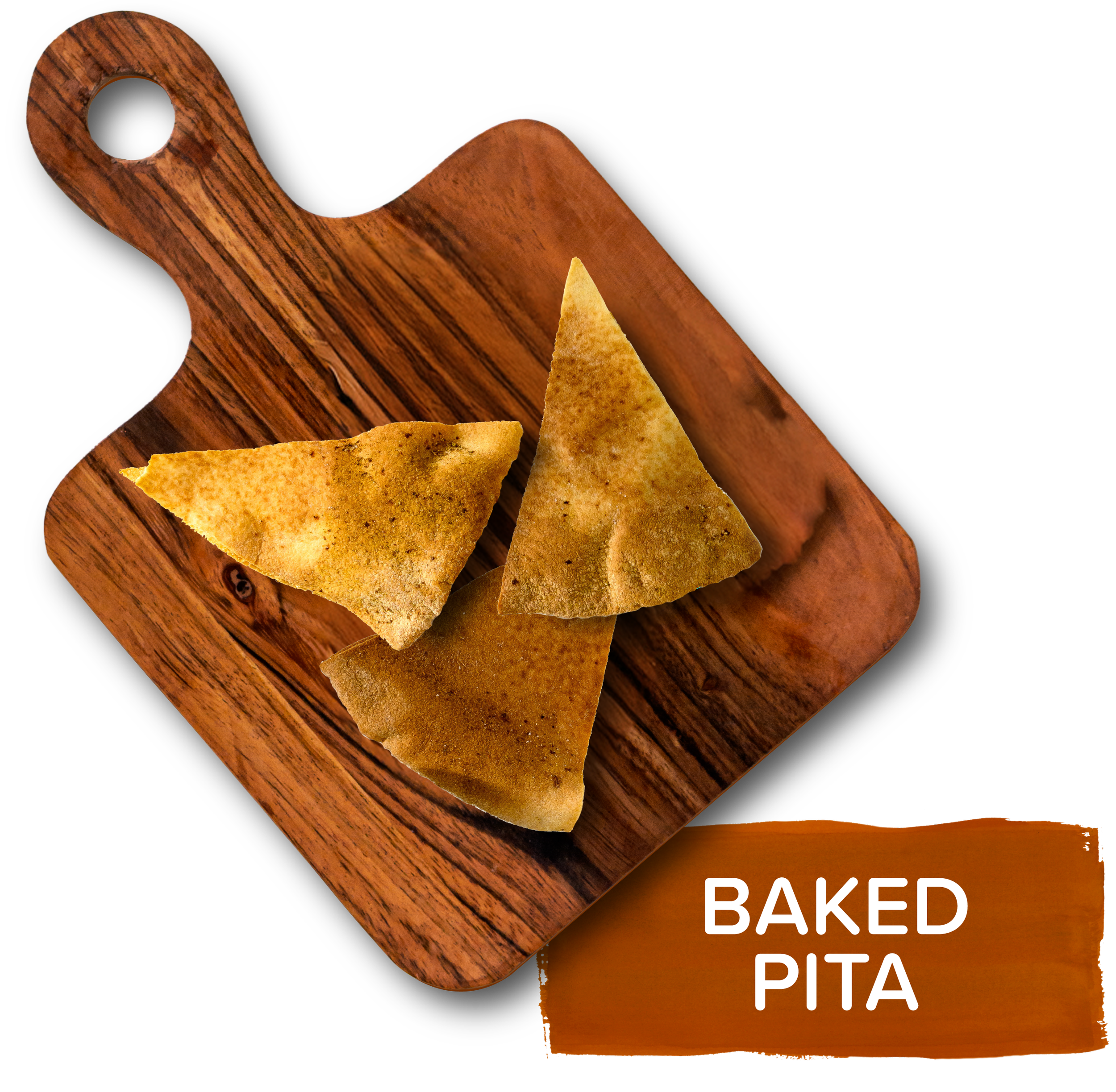 An overhead image of a small wooden board, topped with three golden brown toasted and seasoned pita triangles, labeled with text saying "baked pita"