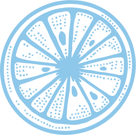 A stylized illustration of a lemon wheel, drawn in light blue