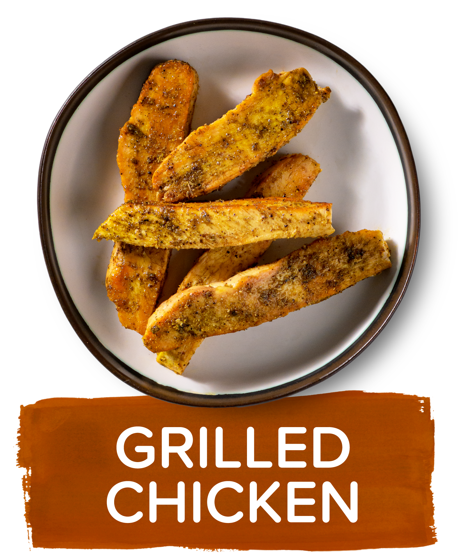 An overhead image of a small plate showing a portion of strips of seasoned grilled chicken breast