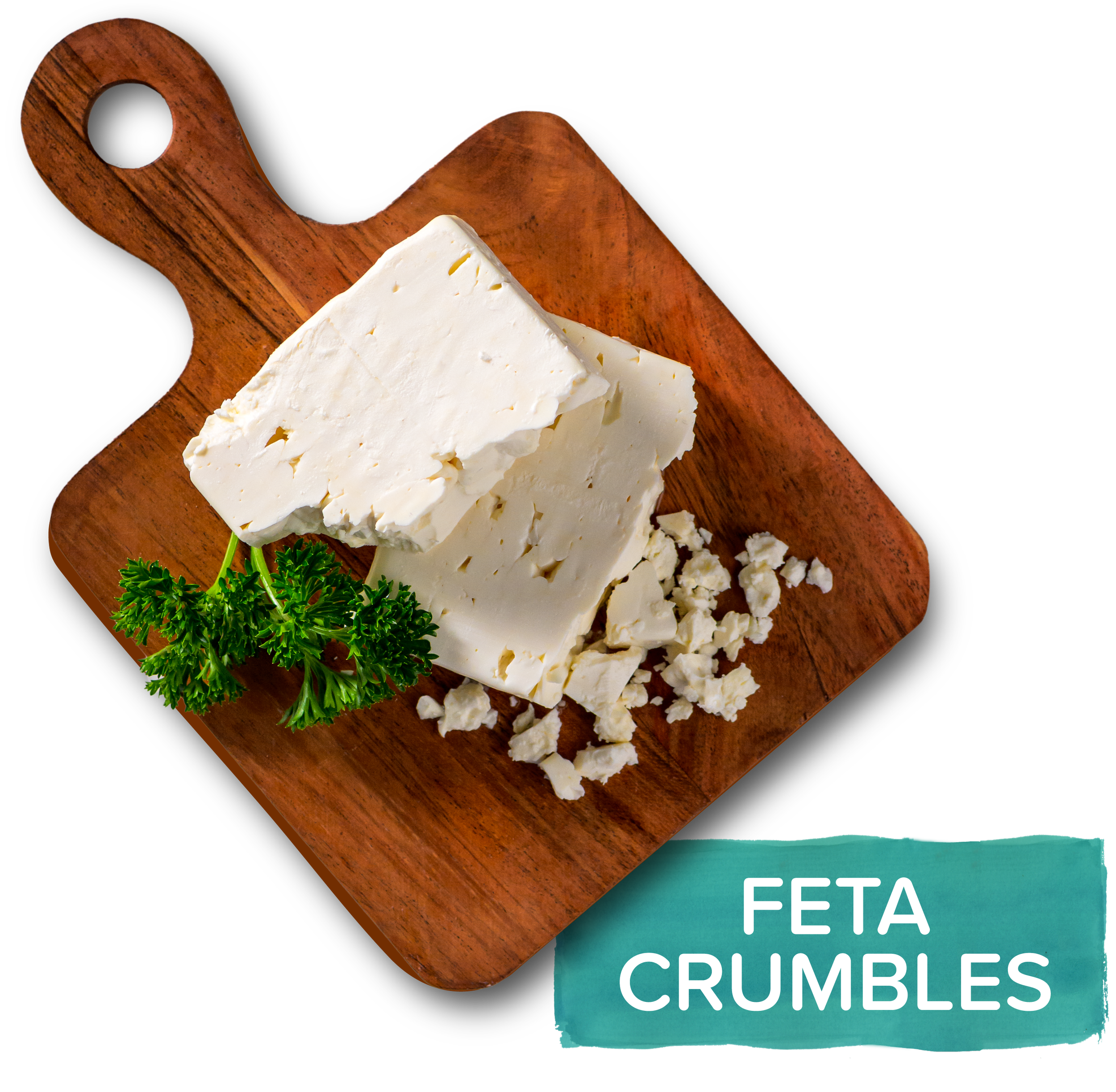 An overhead photo of a small wooden board topped with a chunk of feta cheese, surrounded by smaller crumbled pieces, labeled with text that says "feta crumbles"