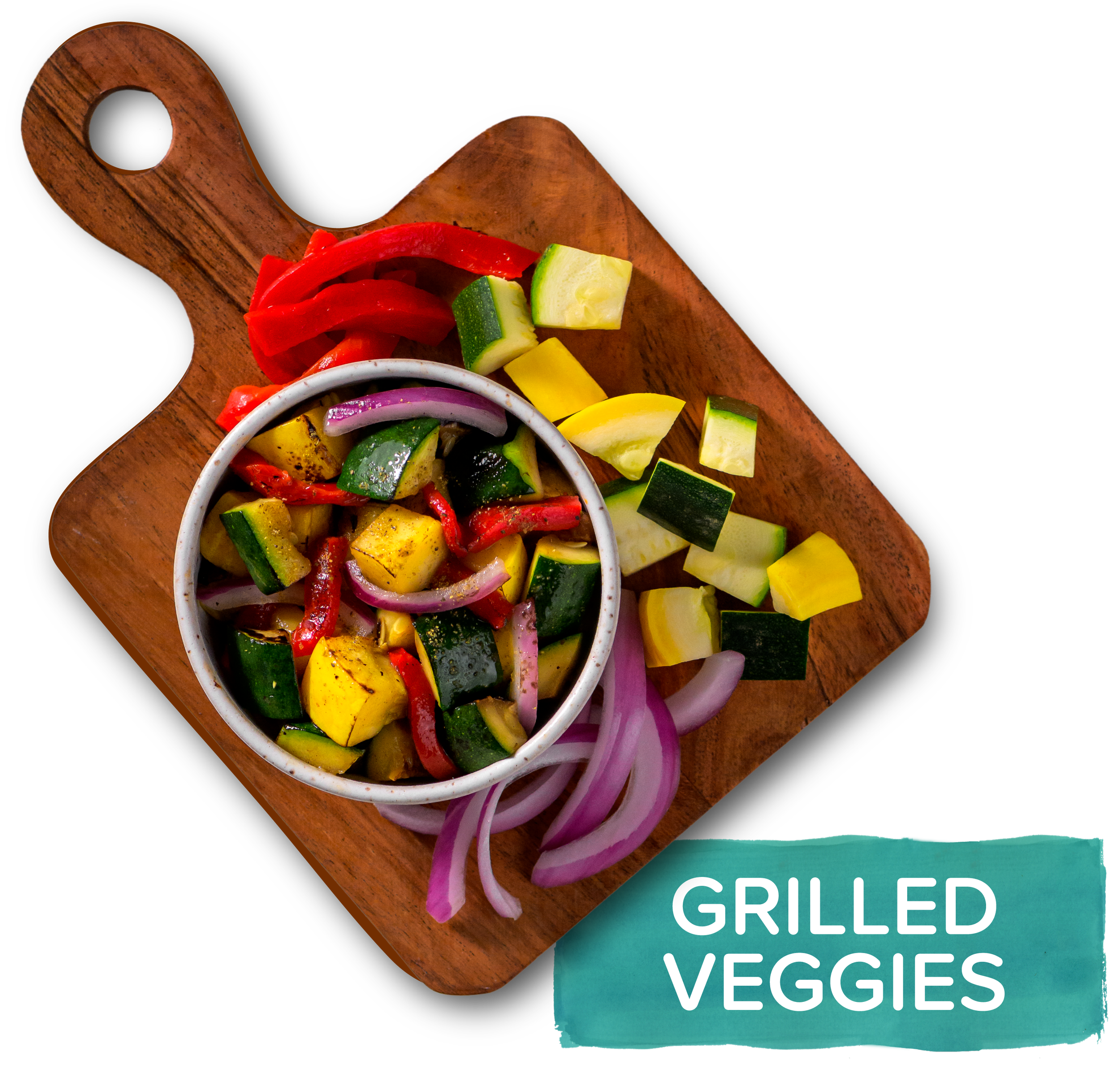 An overhead photo of a small wooden board with diced grilled vegetables, labeled with text that says "grilled veggies"