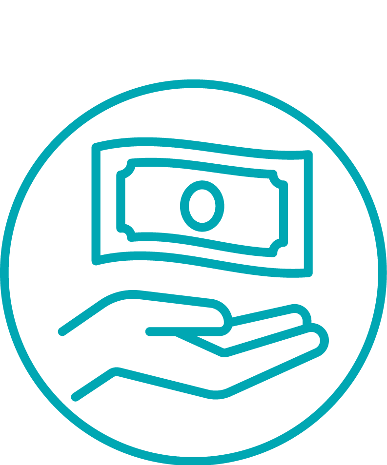 A graphic icon with the words "CASH BACK" above a monoline illustration of a circle with an open hand at the bottom and a stylized dollar bill floating above the hand