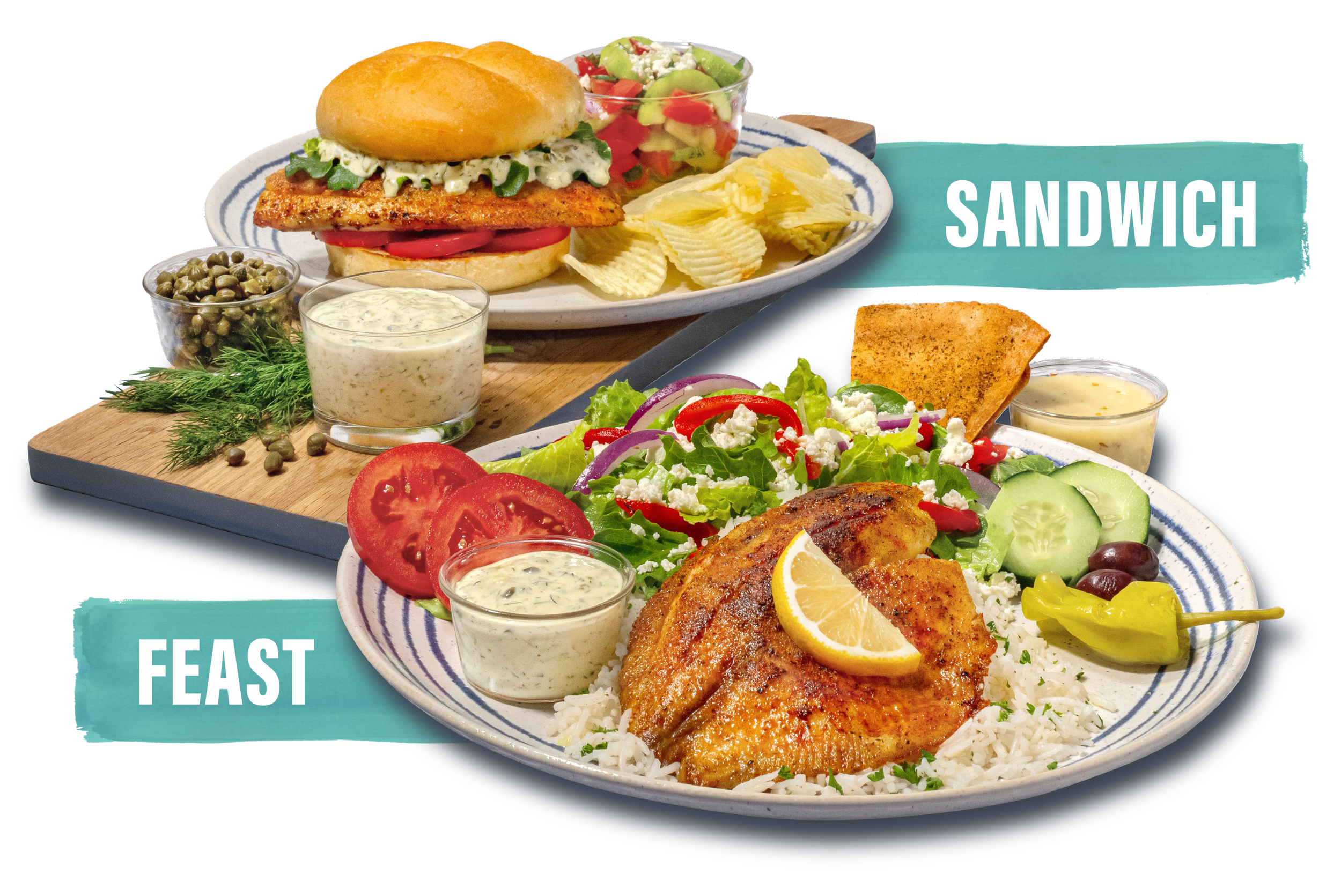 A photograph of two plates of food. One is a grilled fish sandwich on a kaiser bun with tomato, lettuce and caper dill sauce and the text "sandwich" and the other has a piece of grilled fish on a bed of rice with a side salad and text for "feast"