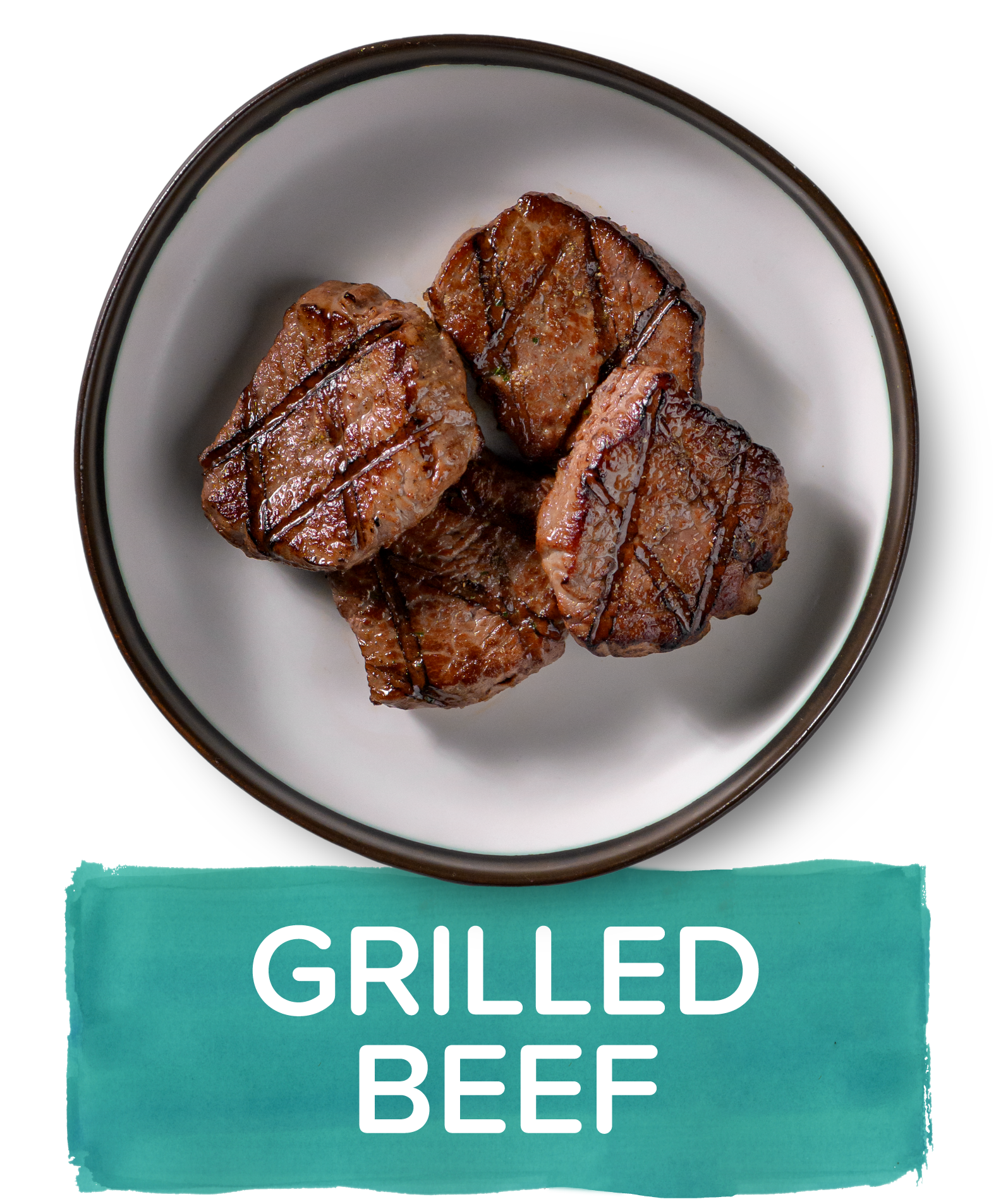 An overhead image of a small plate showing a portion of four pieces of grilled beef