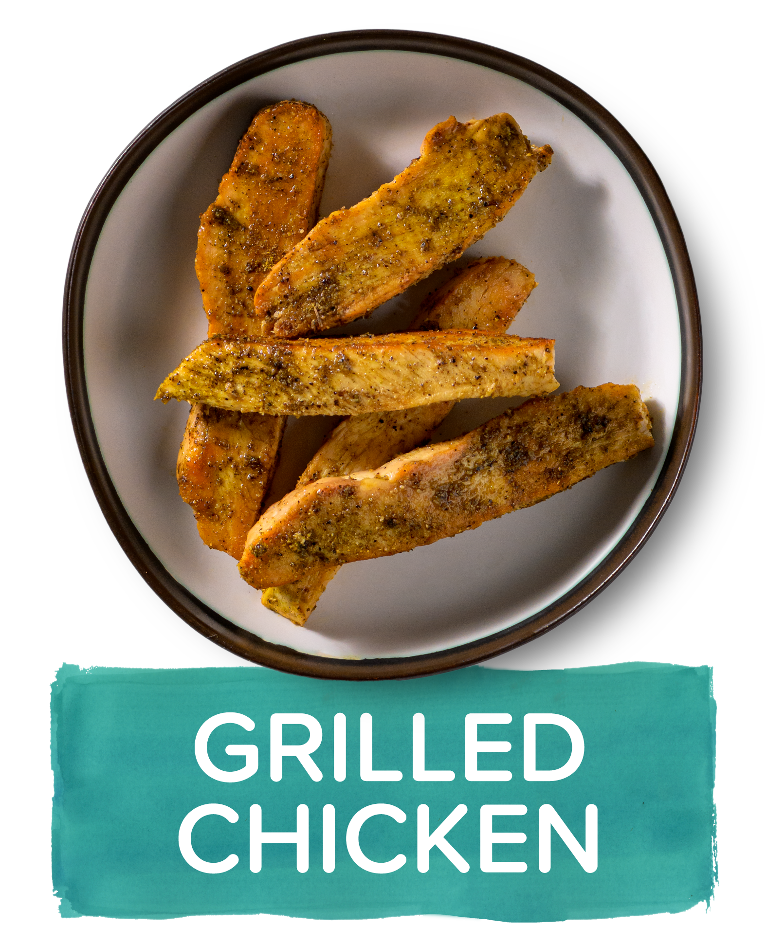 An overhead image of a small plate showing a portion of strips of seasoned grilled chicken breast