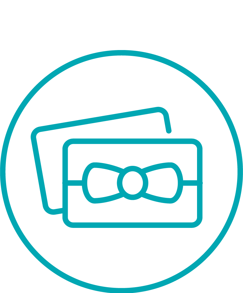 A graphic icon with the words "GIFT CARDS" above a monoline illustration of a circle two stylized gift card illustrations inside