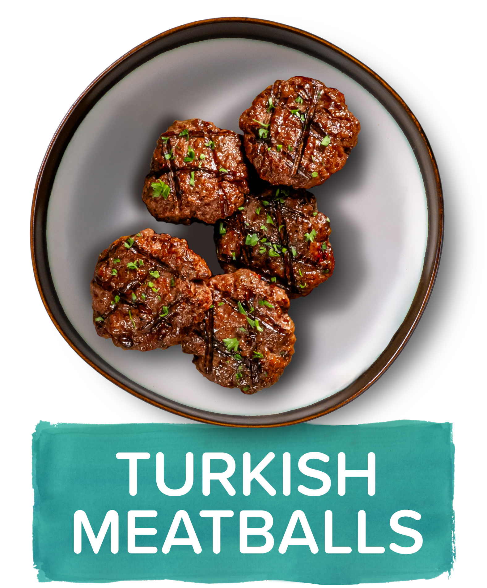 An overhead image of a small plate showing a portion of grilled Turkish Meatballs