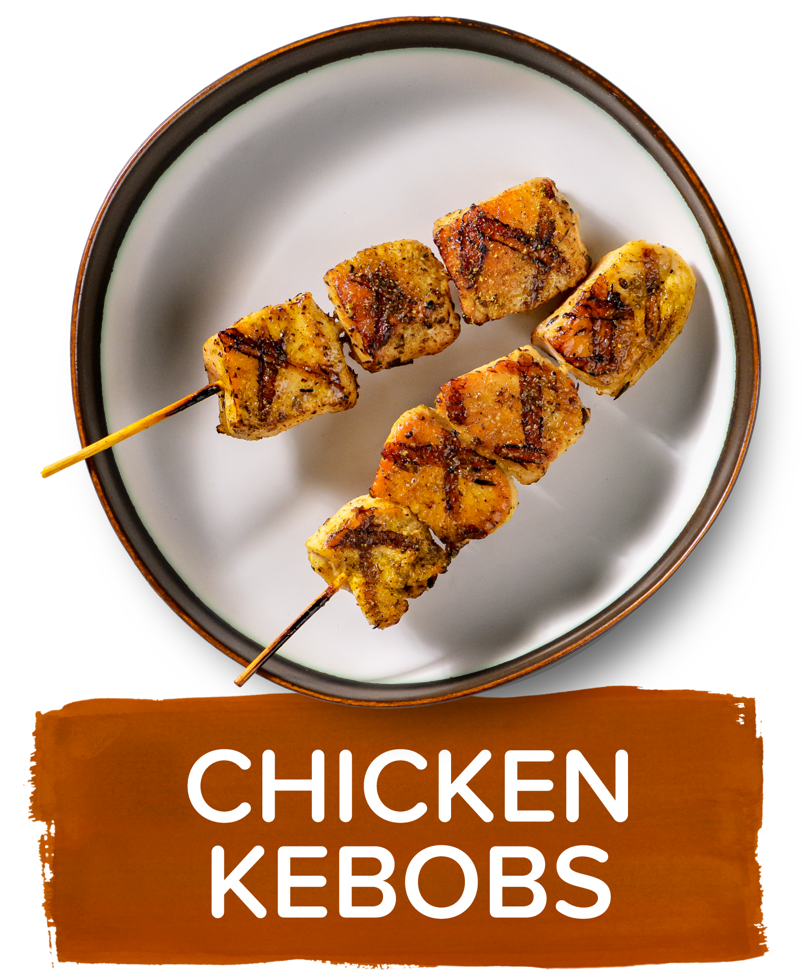 An overhead image of a small plate showing a portion of two grilled chicken kebobs