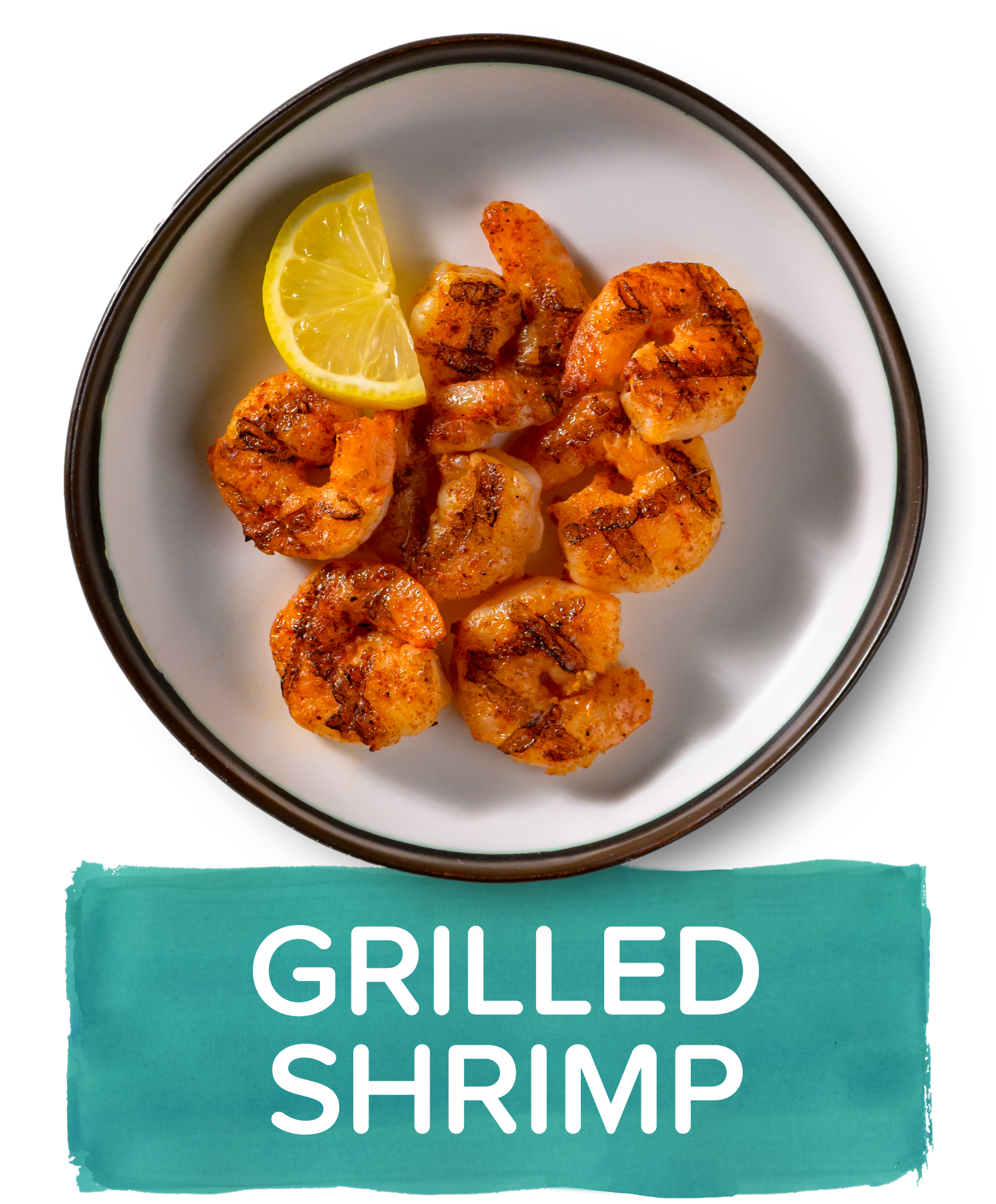 An overhead image of a small plate showing a portion of seven season grilled shrimp with a slice of lemon