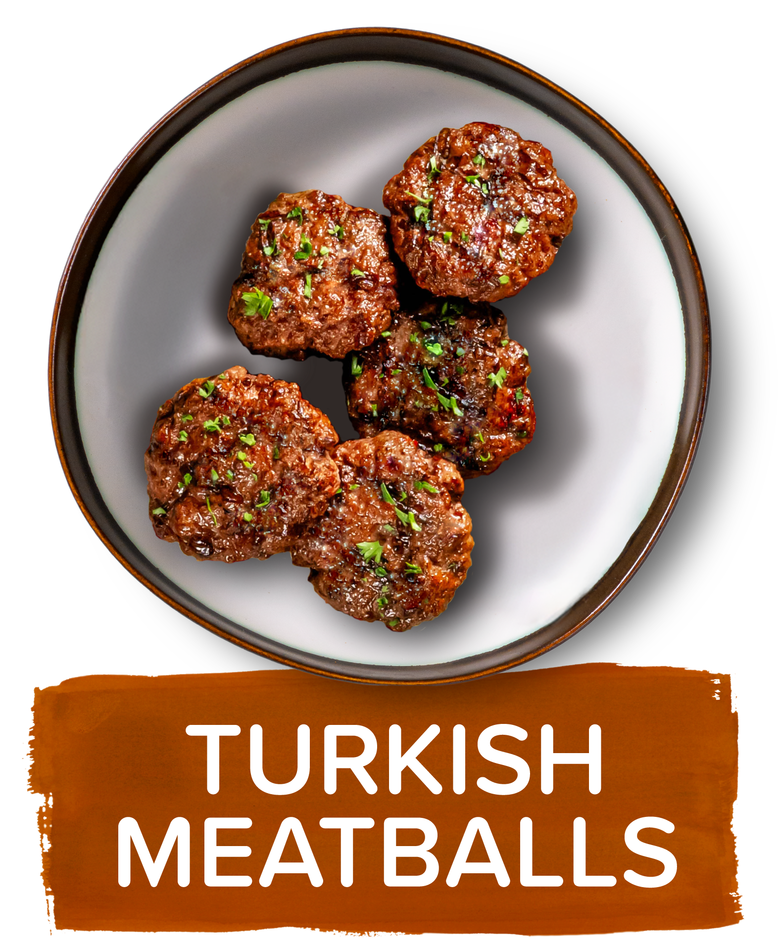 An overhead image of a small plate showing a portion of grilled Turkish Meatballs