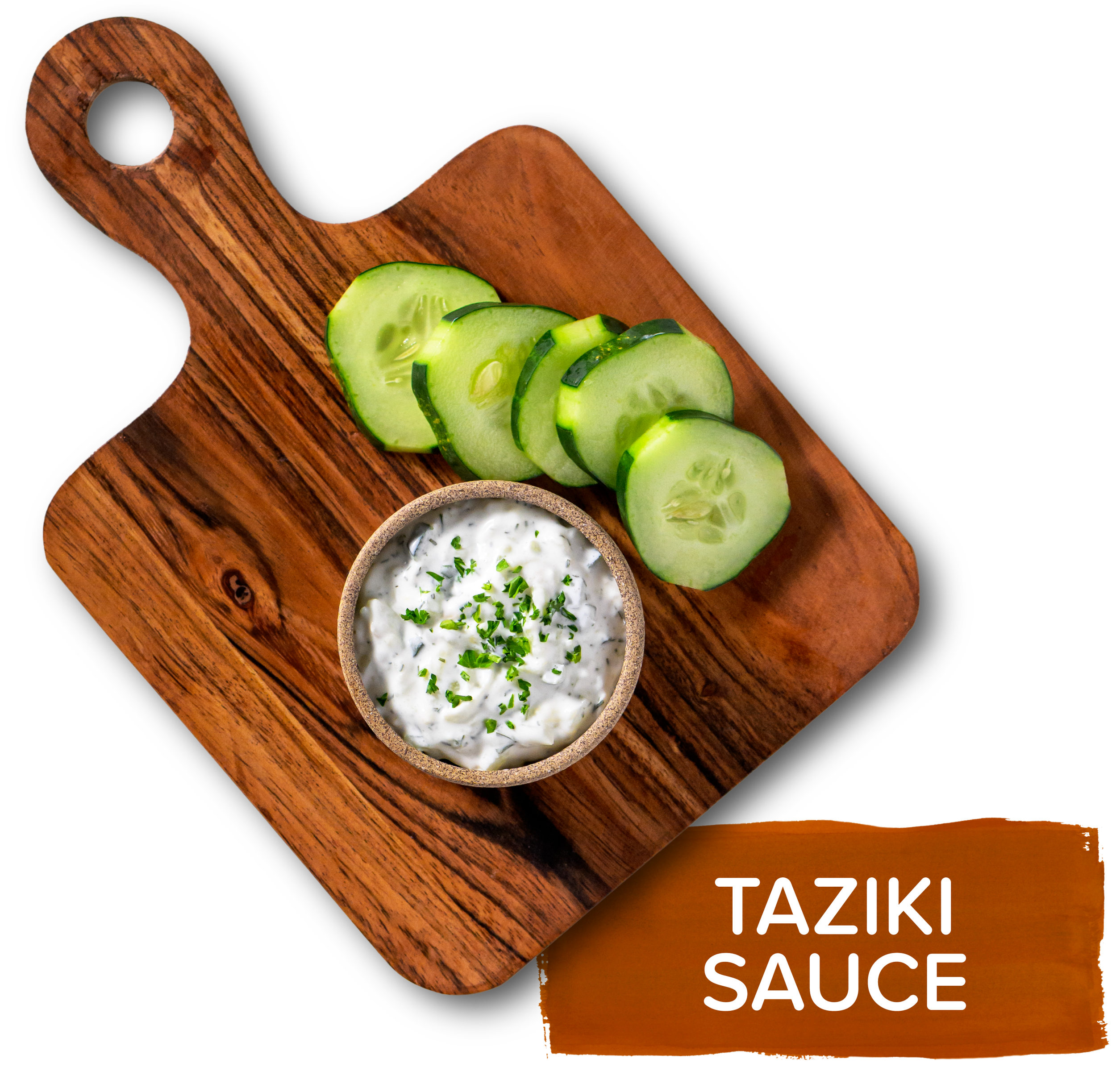 An overhead photo of a small wooden board, with a small dish of creamy sauce and slices of cucumbers beside it on top. Labeled with text saying "Taziki sauce"