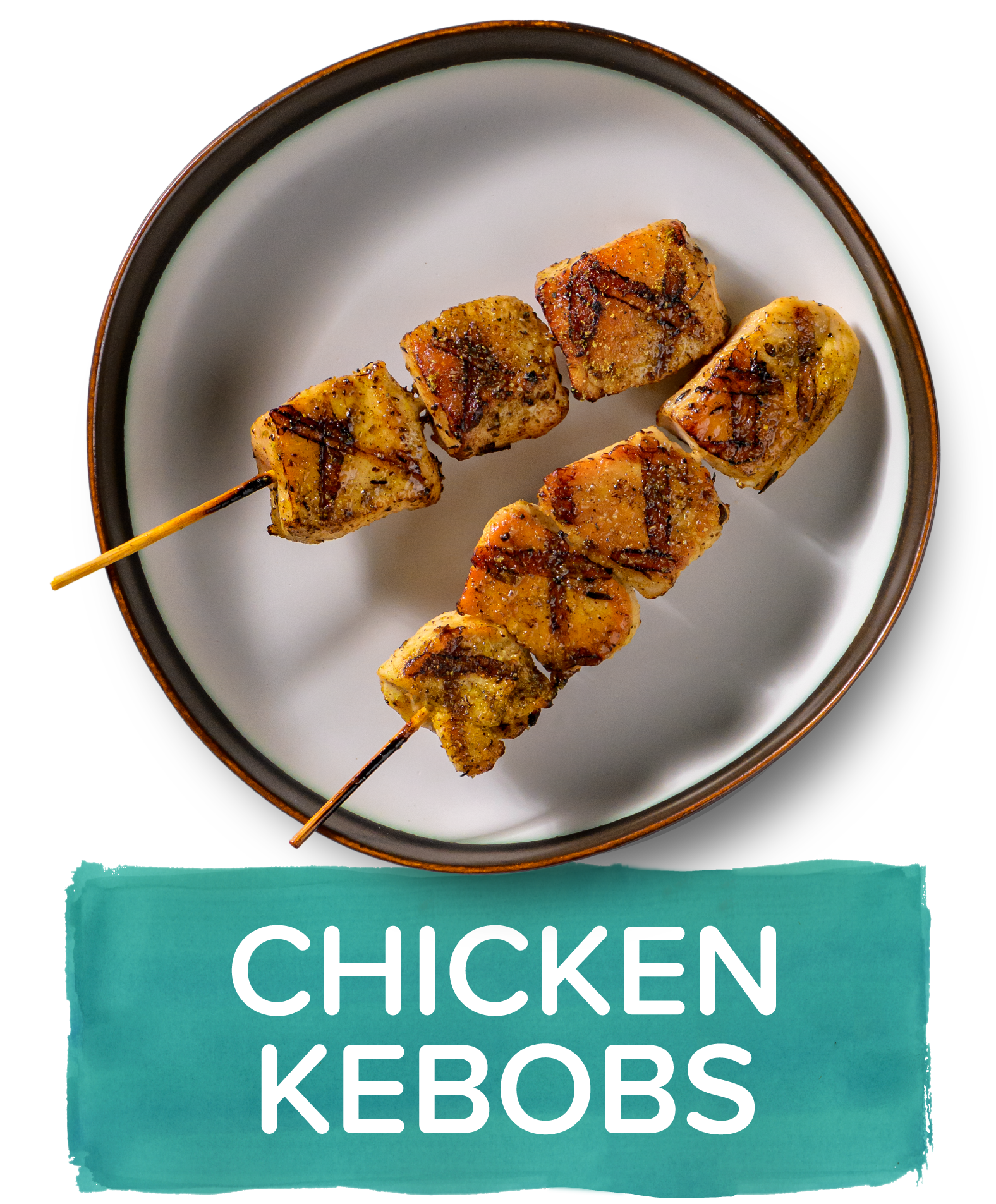 An overhead image of a small plate showing a portion of two grilled chicken kebobs