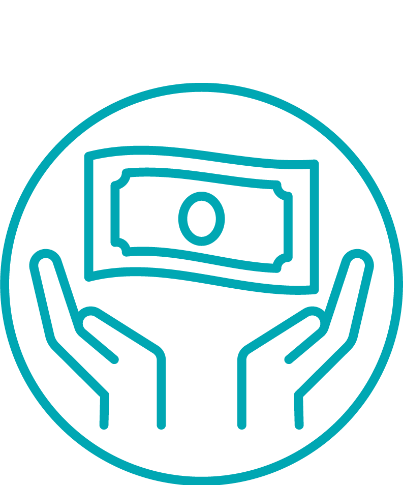 A graphic icon with the words "GIVE BACK" above a monoline illustration of a circle with two outreached hands and a stylized dollar bill illustration above