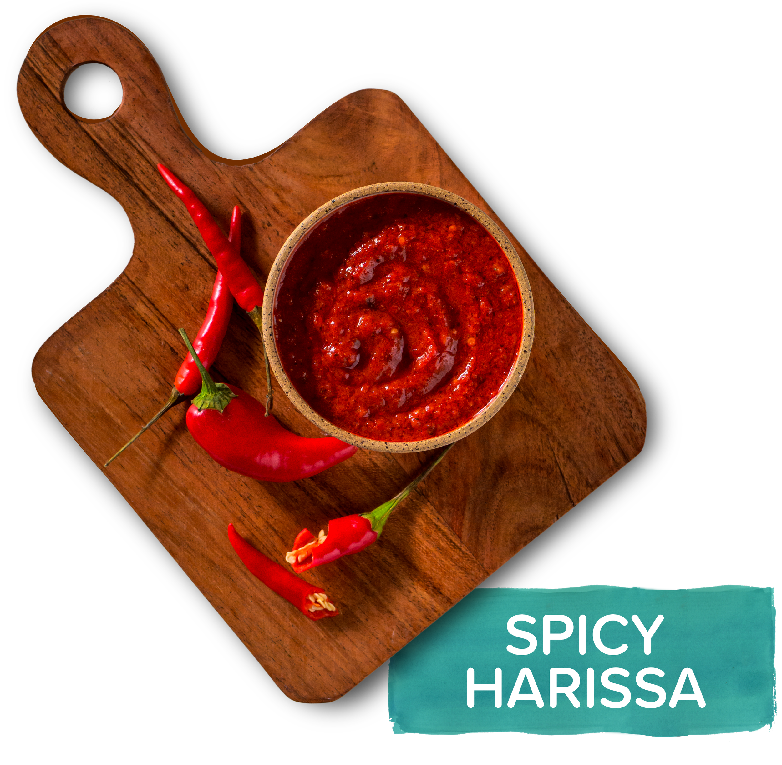 An overhead image of a small cutting board with a dish of spicy red sauce and small red chilis, labeled with text that says "spicy harissa"