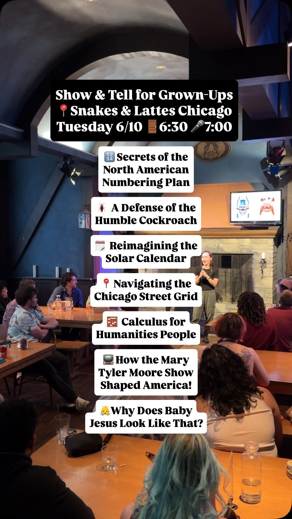 Join our niche knowledge party this week @snakesandlatteschicago
Tuesday 6/10
🚪 6:30
🎤 7:00
Here’s what we’re learning about this week:
🔢 Secrets of the North American Numbering Plan
🪳 A Defense of the Humble Cockroach
🗓️ Reim