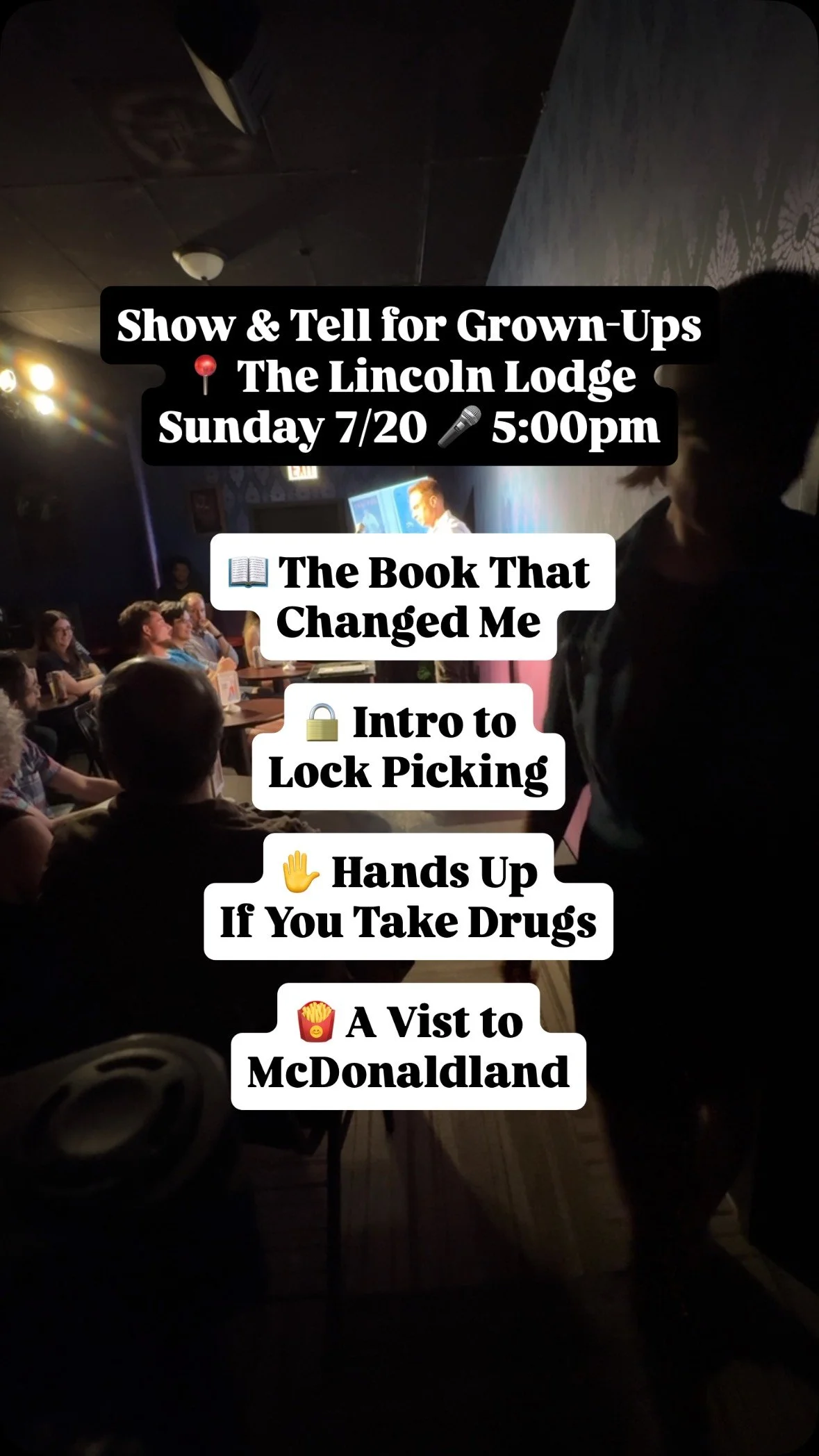Wanna know what we’re learning at this month’s showcase?
Topics we’re bringing back!
๐ The Book That Changed Me
๐ Intro to Lock Picking
โ Hands Up If You Take Drugs
๐ A Vist to McDonaldland
Can’t wait to see everybody