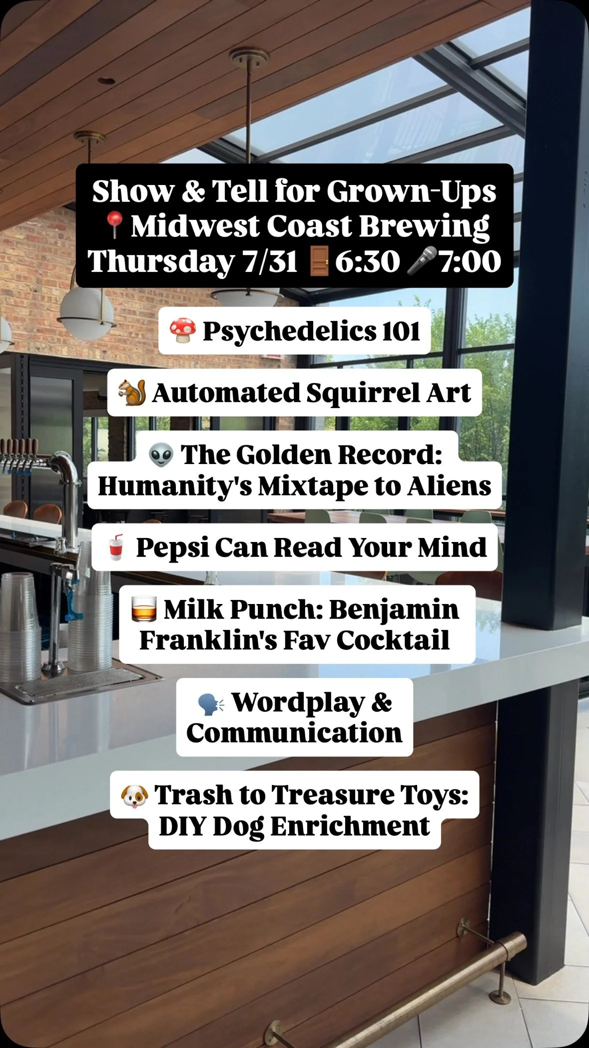Show & Tell for Grown-Ups is heading to @midwestcoastbrewing this week!
Grab your ๐๏ธ linked in bio to learn from this wide array of topics!
๐ Psychedelics 101
๐ฟ๏ธ Automated Squirrel Art
๐ฝ The Golden Record: Humanity’s Mixtape to Alie