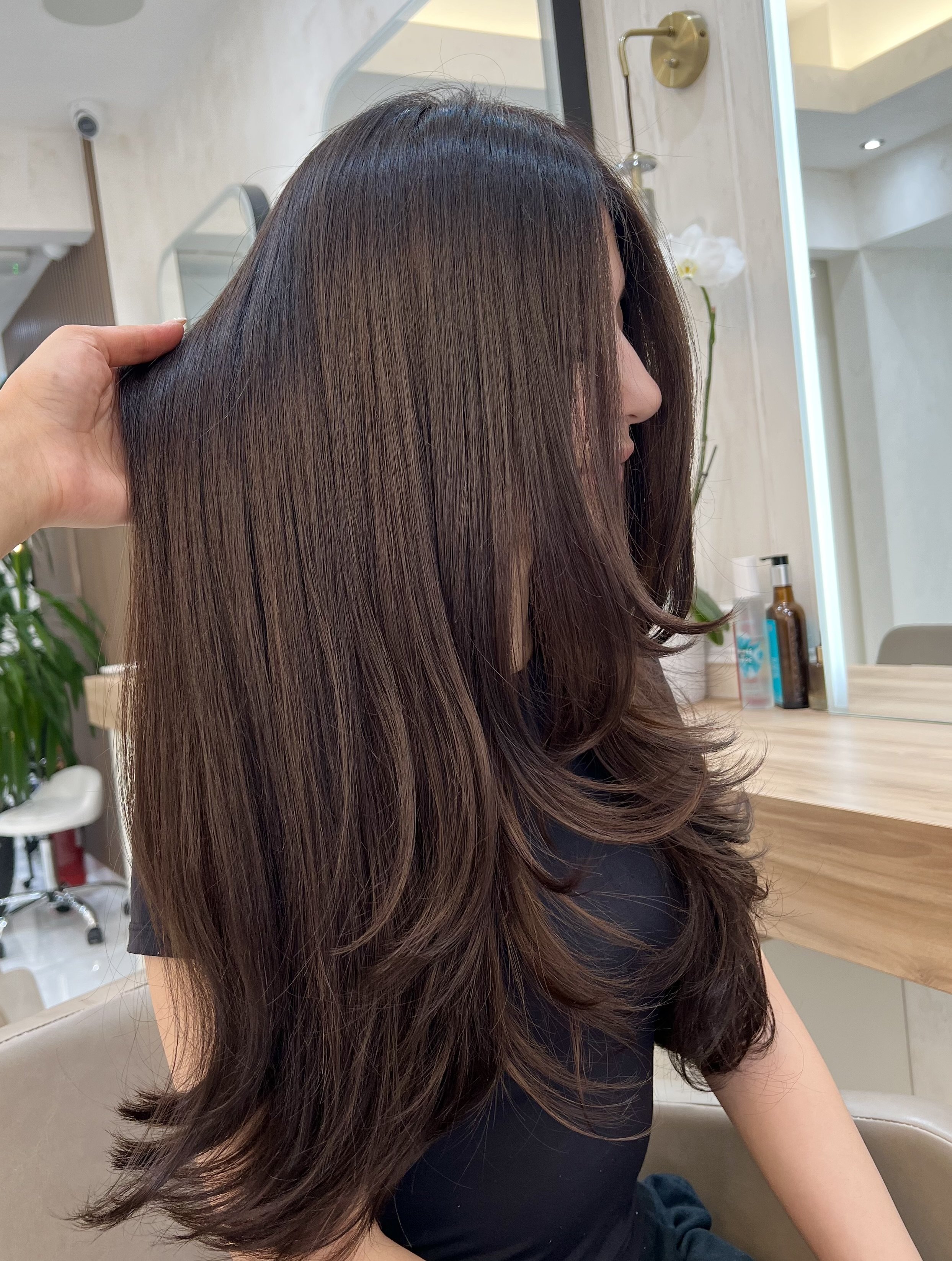 Woman with long, smooth brown hair sitting in a salon, with hair stylist touching her hair, salon mirror and lighting in background.