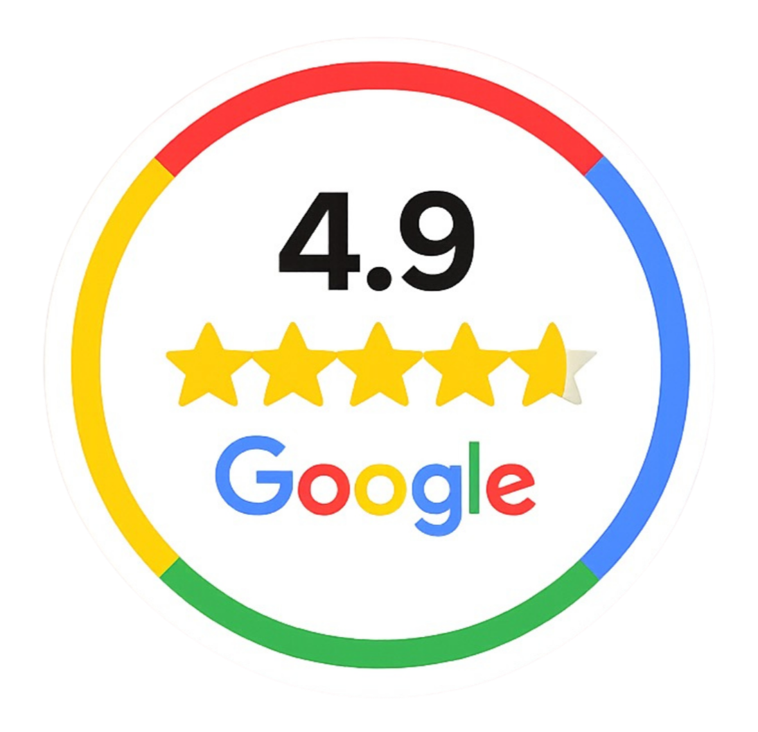Google review badge showing a score of 4.9 out of 5 stars with four and a half yellow stars, the Google logo, and a colored ring in red, yellow, green, and blue.