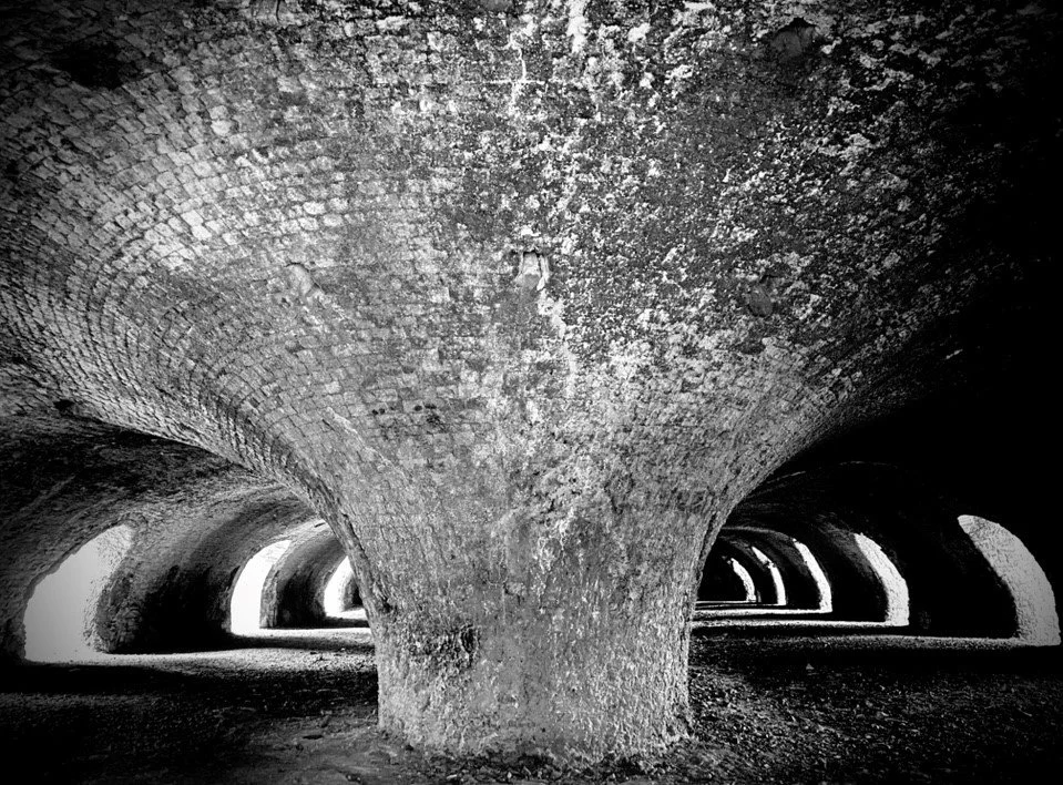 Heritage survey of the grade 1 listed Hoffman Lime Kiln at Llanymynech - the image shows the curved internal structure of the kiln and intermittent openings that allowed for locally quarried lime stone to be burnt and cleared on an industrial scale.