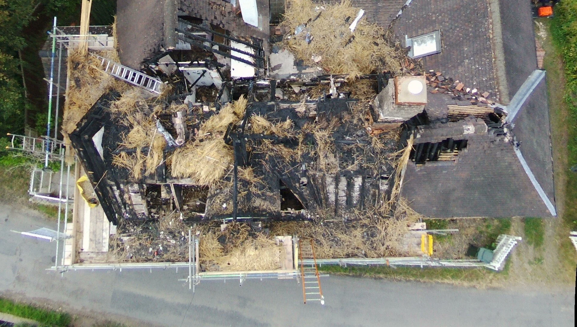Inspection of a fire damaged timber frame in Shropshire where the drone was employed to assess the condition of the structure due to safety concerns.