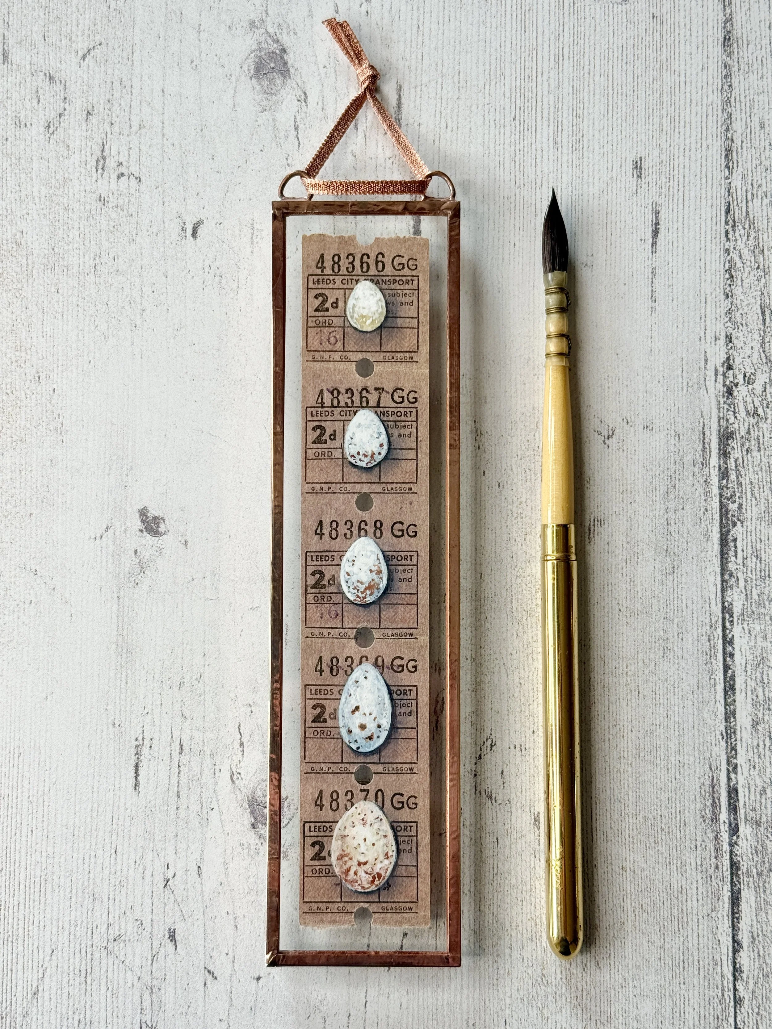 Egg Ticket Strip (5 British Birds Eggs) - Leeds City Transport | Copper Foil Framed Original Painting