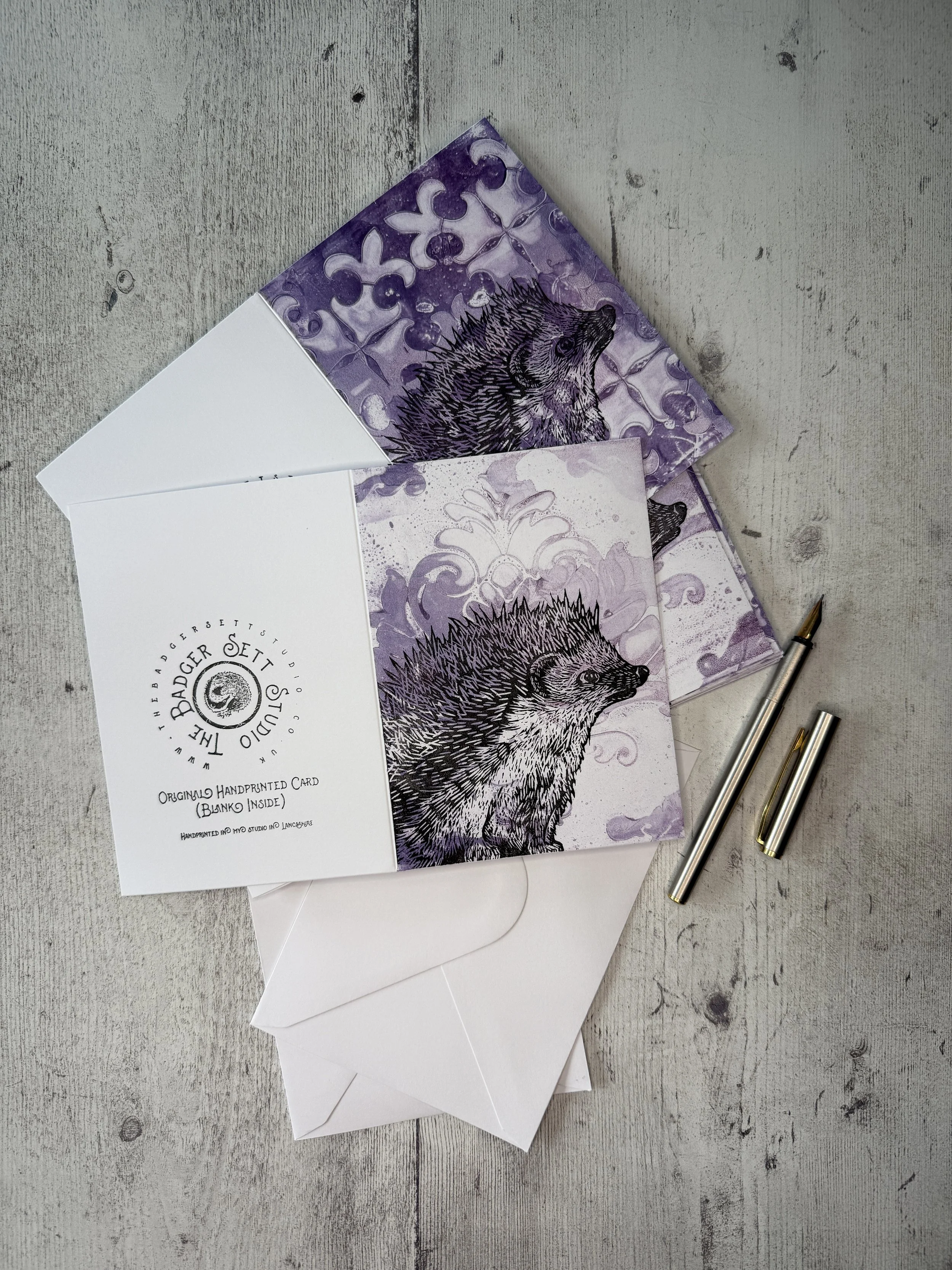 The Badger Sett Studio Handprinted Lino Print Hedgehog Card and envelope.jpg