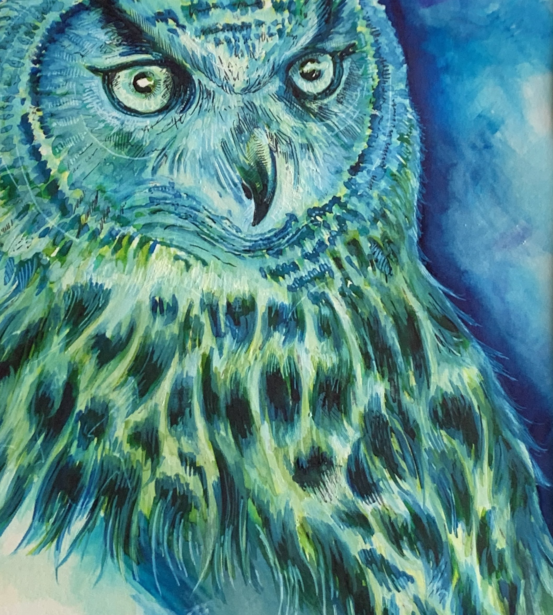 Mixed Media Painting - Owl - a colourful painting in watercolour, gouache and inks