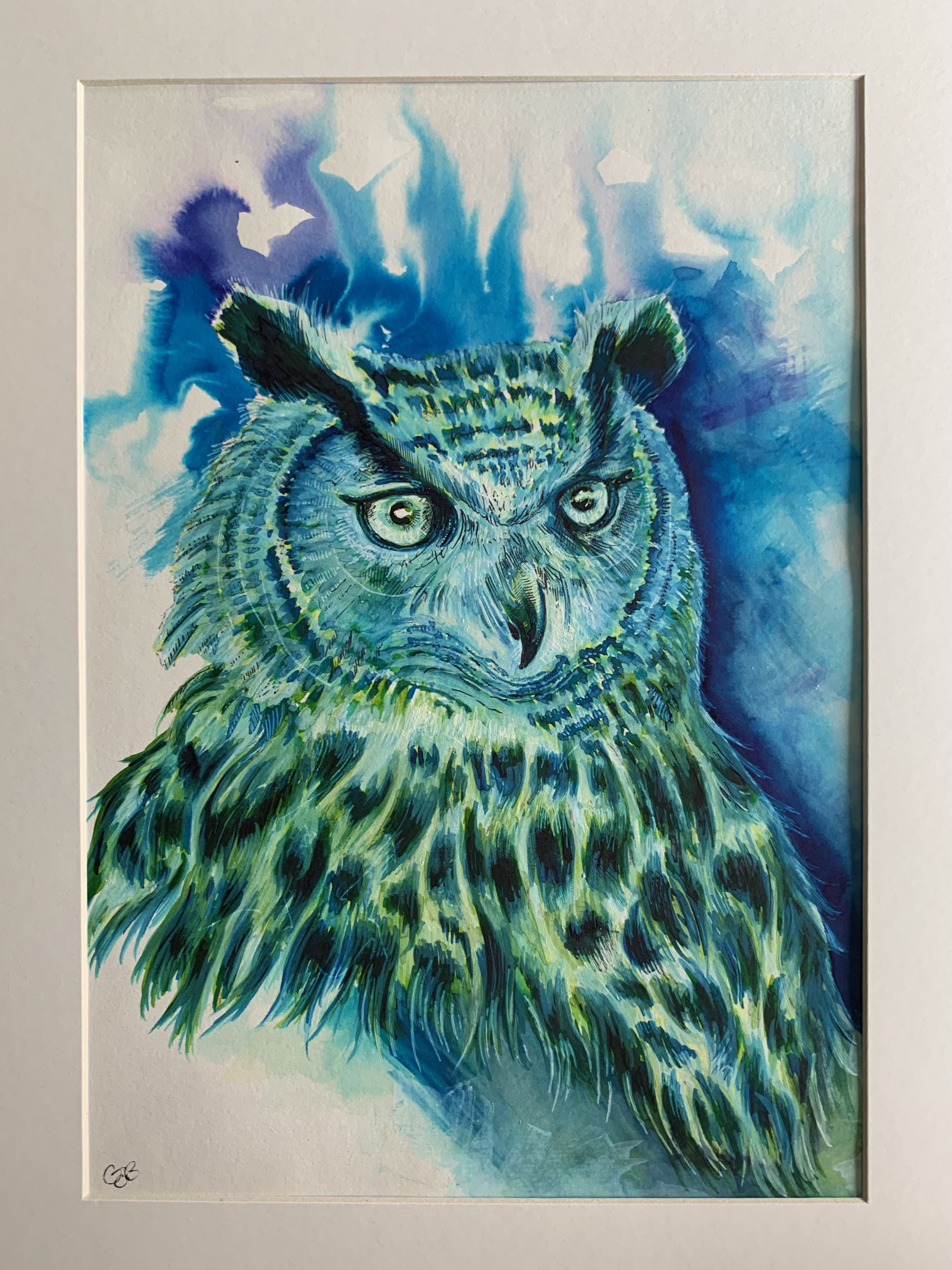 Mixed Media Painting - Owl - a colourful painting in watercolour, gouache and inks - mounted