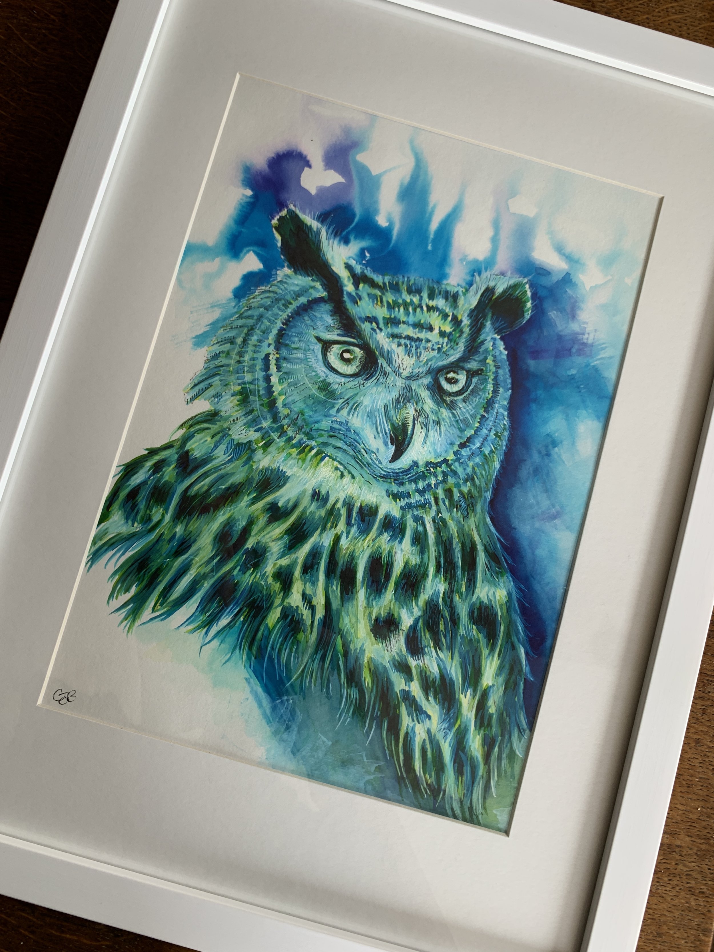 Mixed Media Painting - Owl - a colourful painting in watercolour, gouache and inks - framed