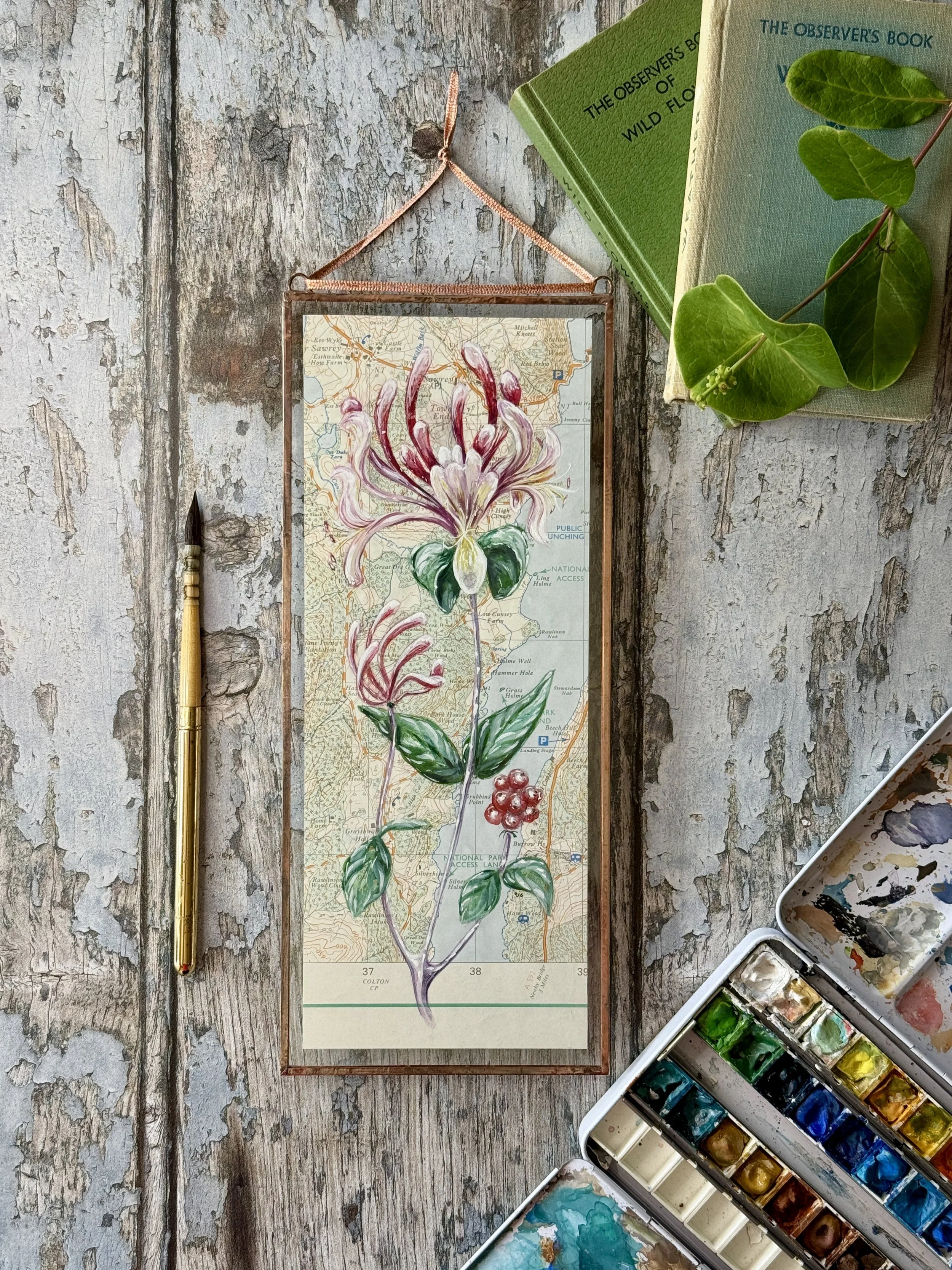 Honeysuckle - OS Map - Near & Far Sawrey & Windermere | Copper Foil Framed Original Painting