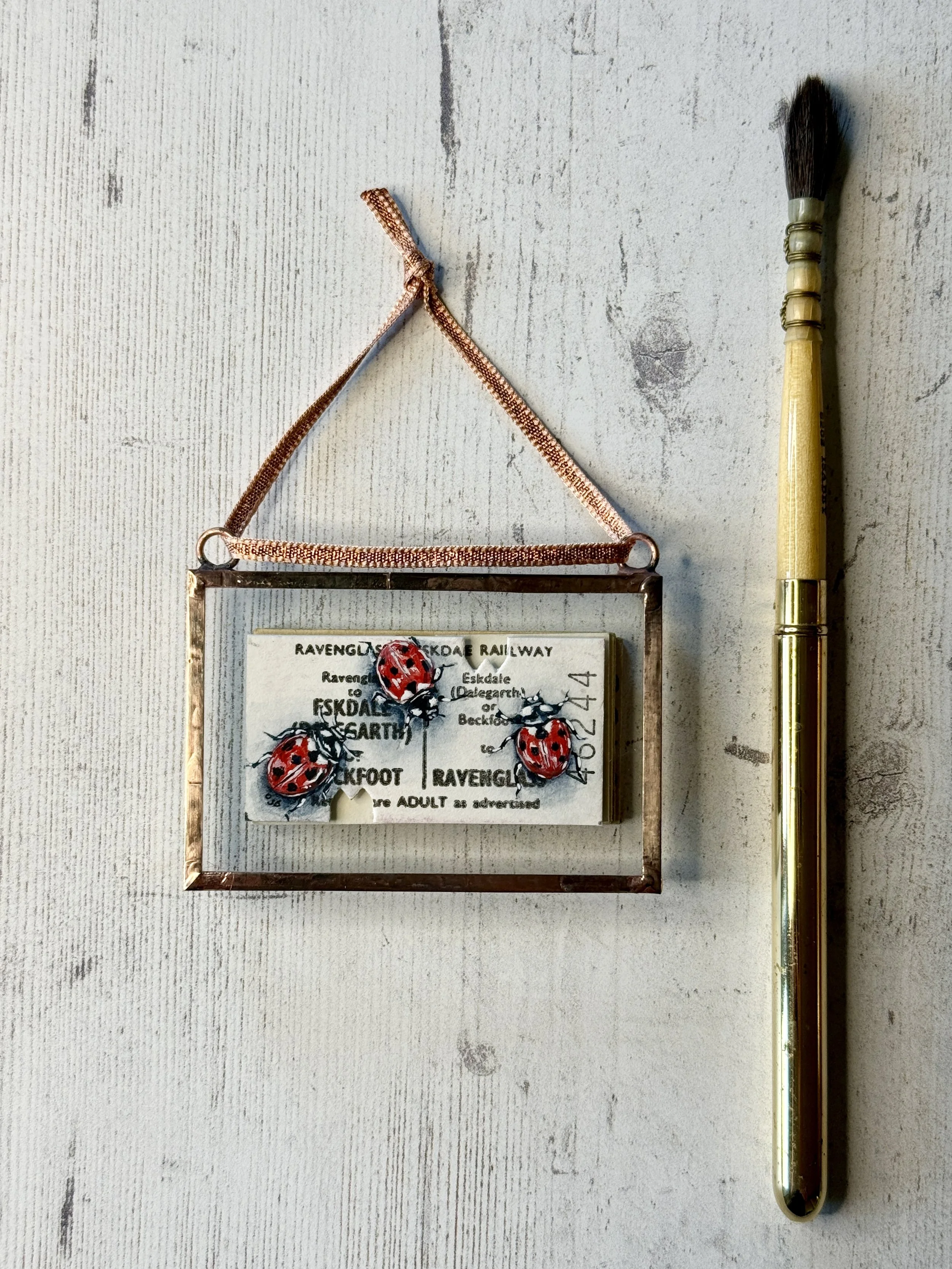 Ladybirds - Ravenglass & Eskdale Railway (R&ER) Original Ticket | Copper Foil Framed Original Painting