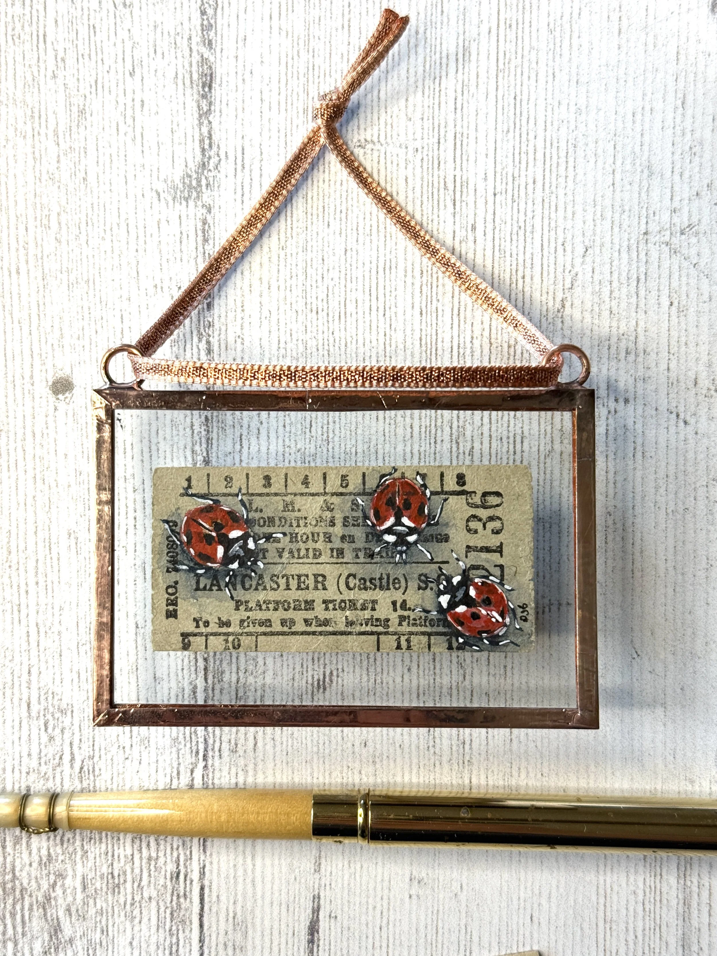 Ladybirds - Lancaster Castle Vintage Platform Ticket | Copper Foil Framed Original Painting