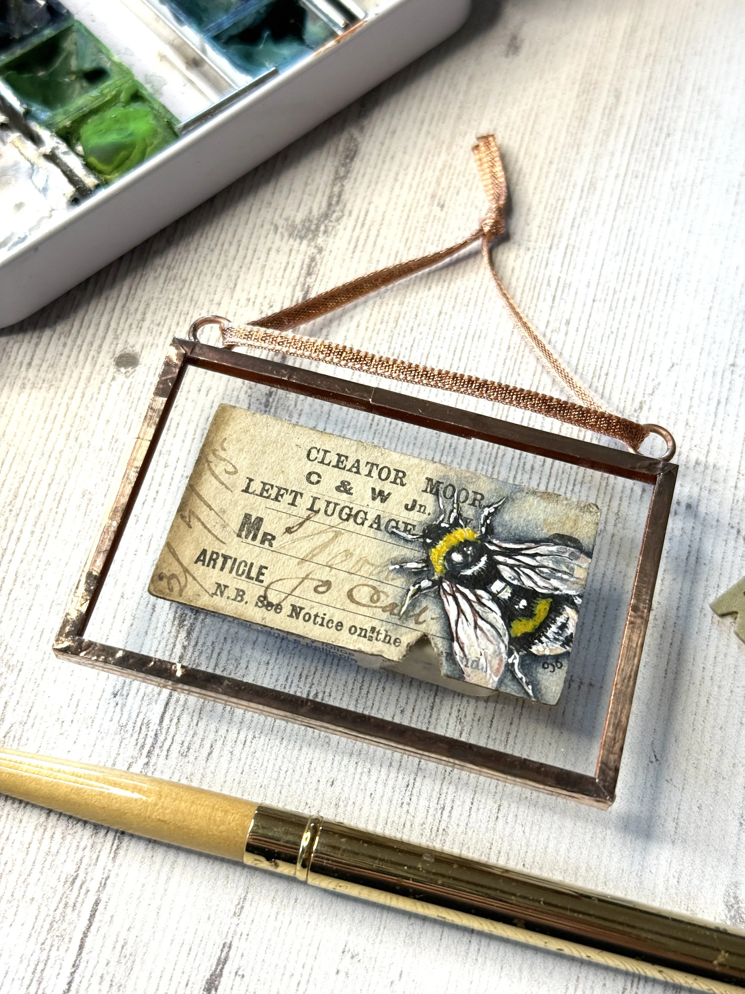 Bee - Cleator & Workington Junction Railway Left Luggage Ticket | Copper Foil Framed Original Painting