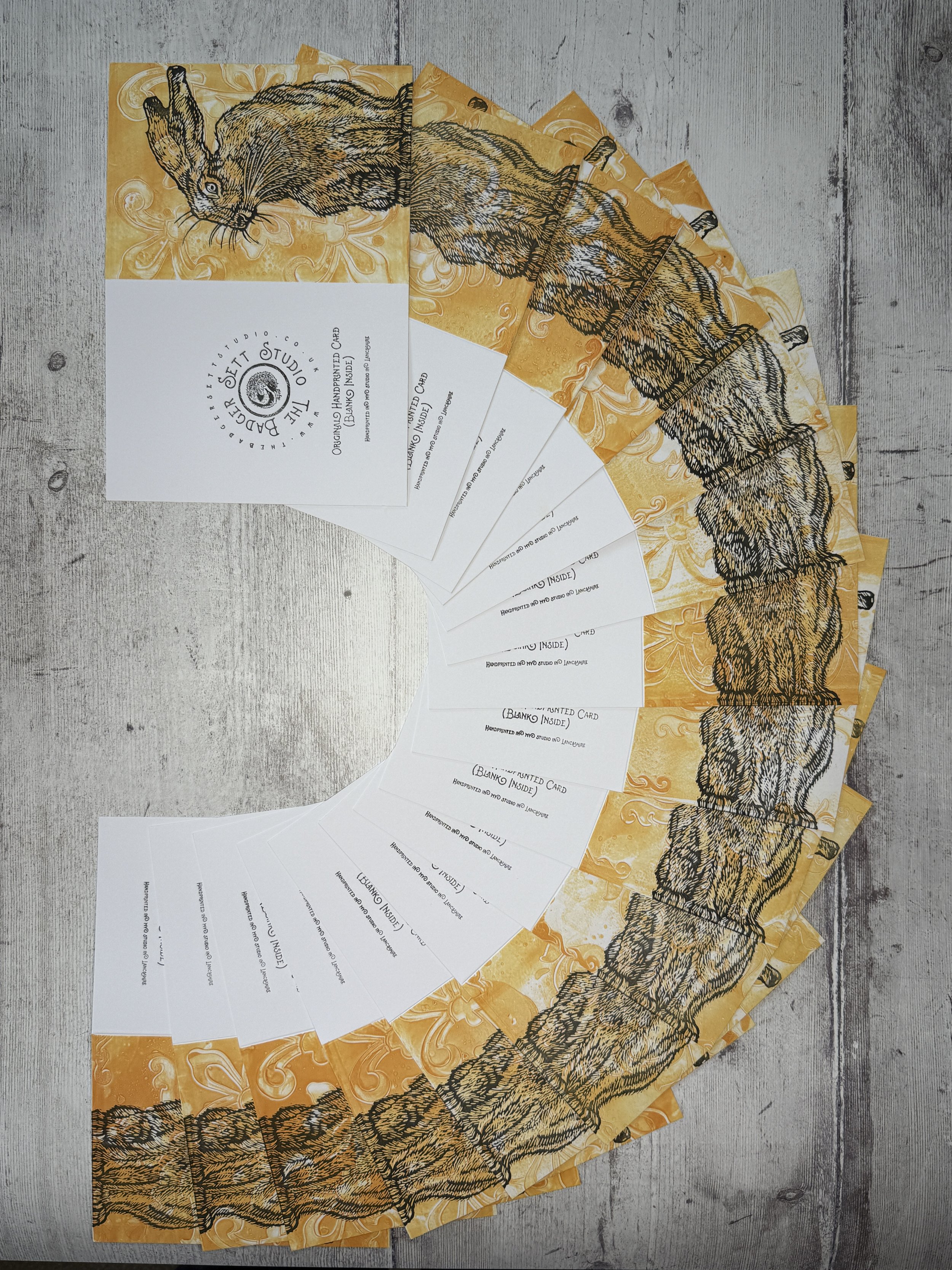 The Badger Sett Studio Handprinted Lino Print Hare Cards arranged in a fan shape.jpg