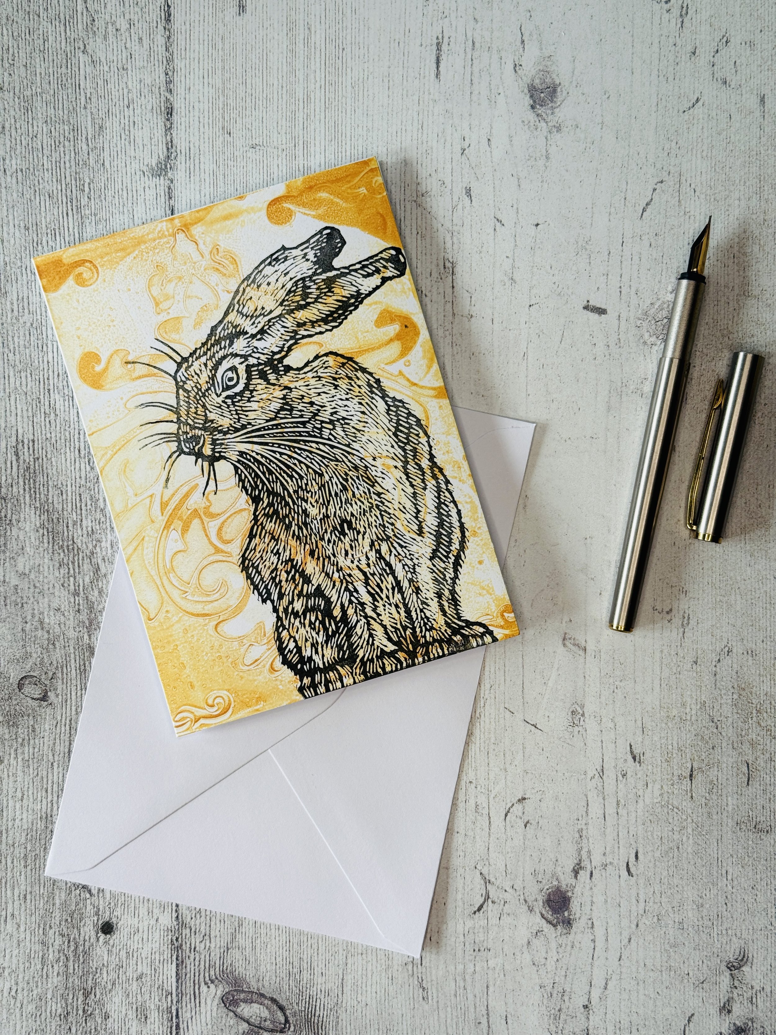 The Badger Sett Studio Handprinted Lino Print Hare Card and Envelope.jpg