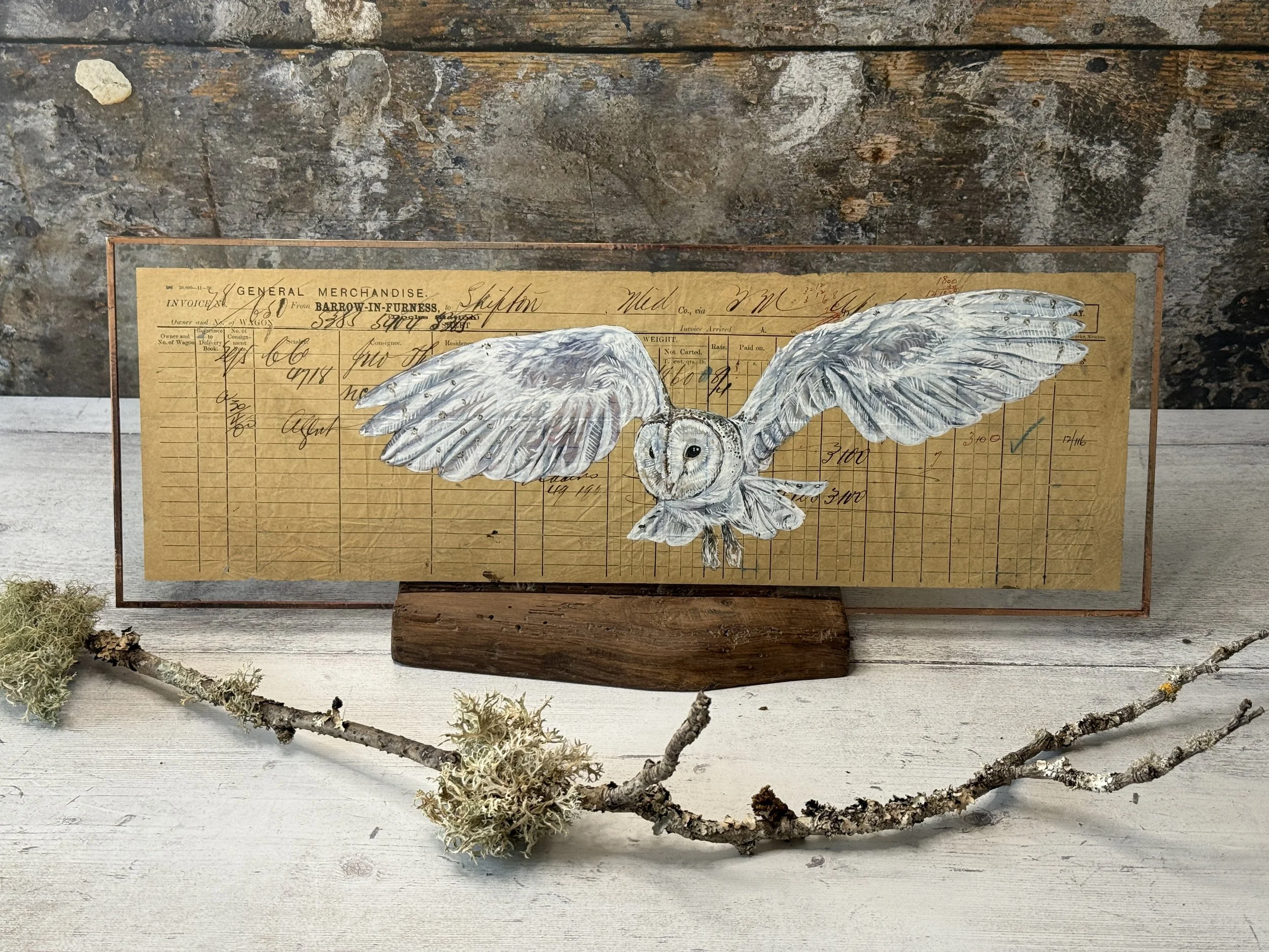 Barn Owl - 1900 Furness Railway Invoice - Skipton | Copper Foil Framed Original Painting