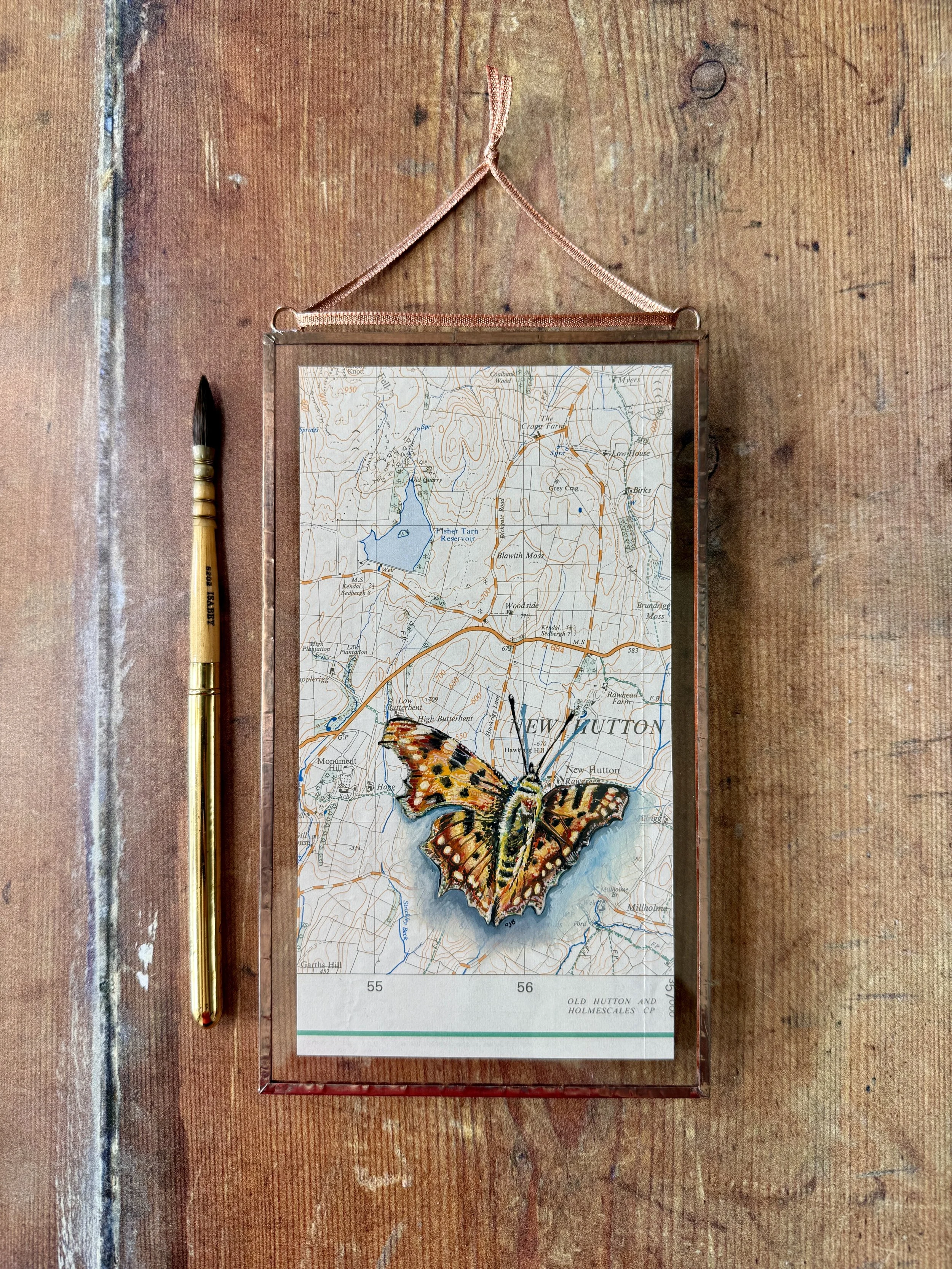 Comma Butterfly - 1974 OS Map SE English Lakes - New Hutton | Copper Foil Framed Original Painting