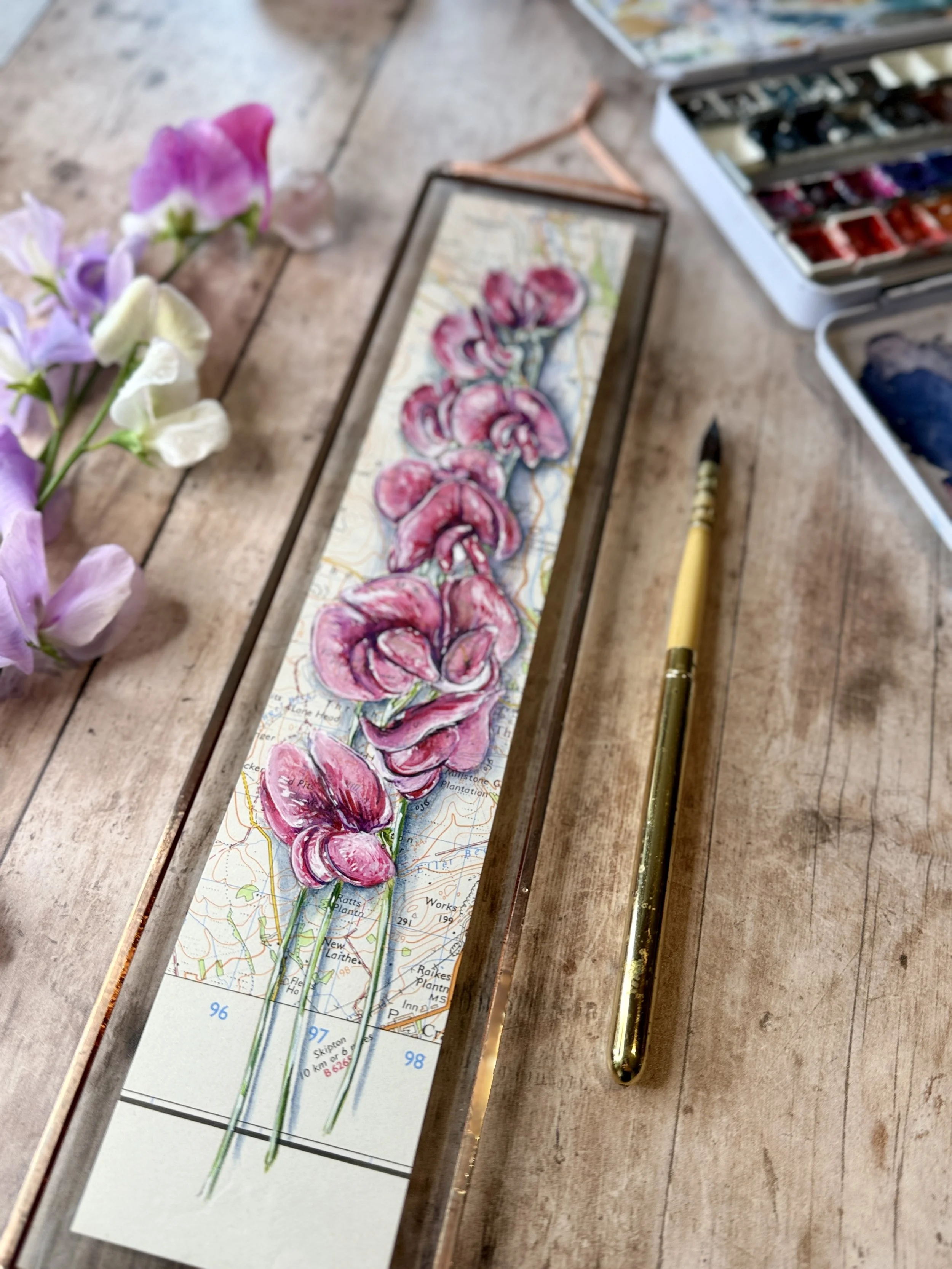 Sweet Peas - 1974 OS Map Wensleydale & Wharfedale - KETTLEWELL / KILNSEY | Copper Foil Framed Original Painting