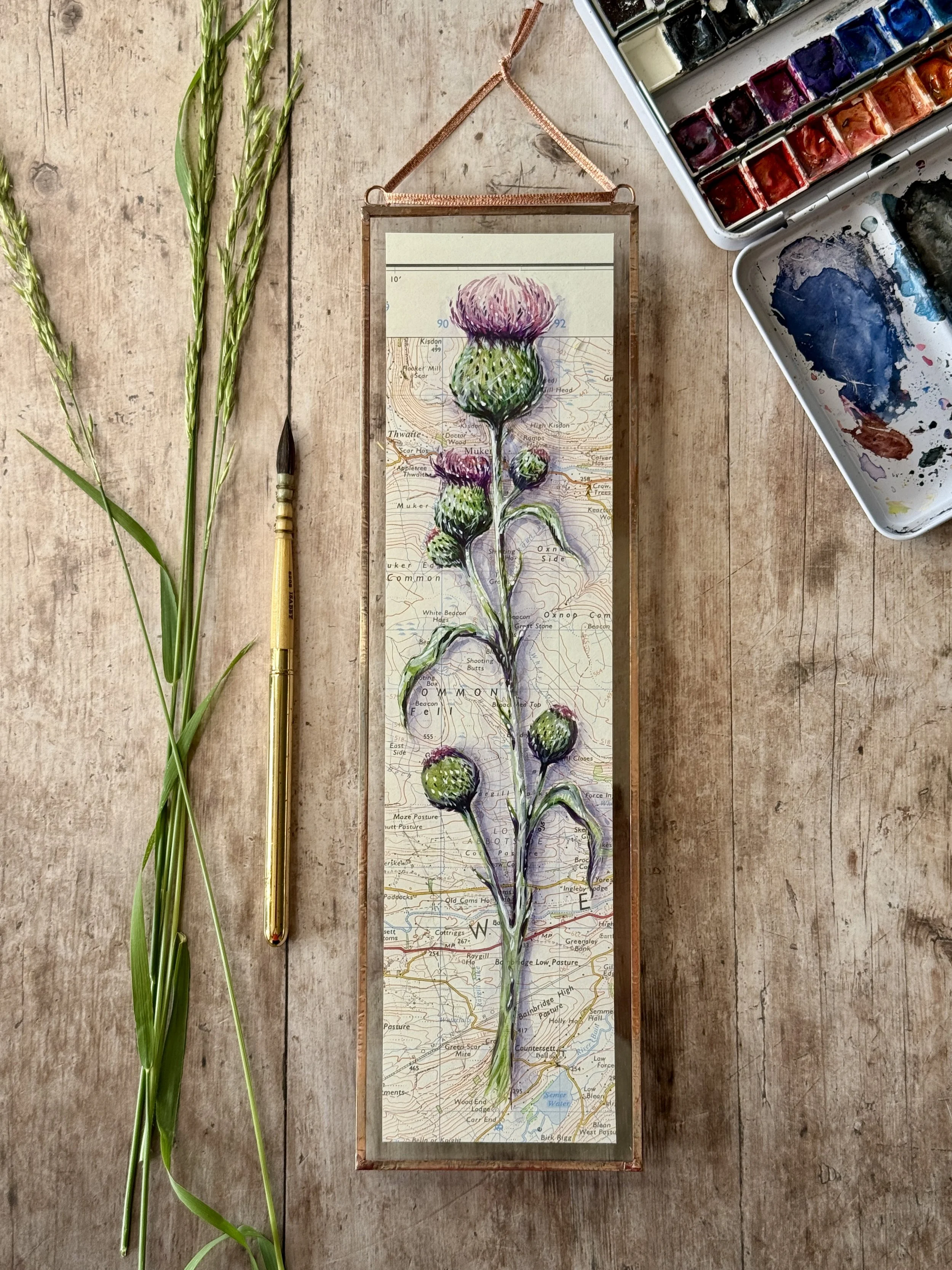 Melancholy Thistle - OS Map - Semer Water | Copper Foil Framed Original Painting