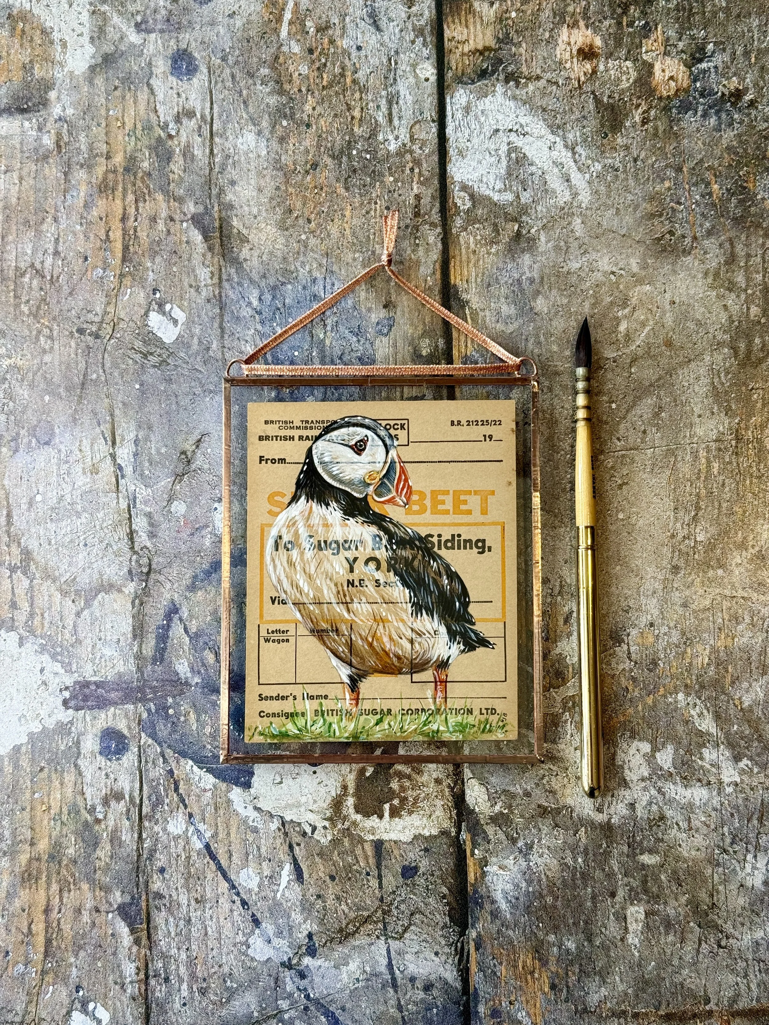 Puffin - 1940s BR Wagon Label - York | Copper Foil Framed Original Painting