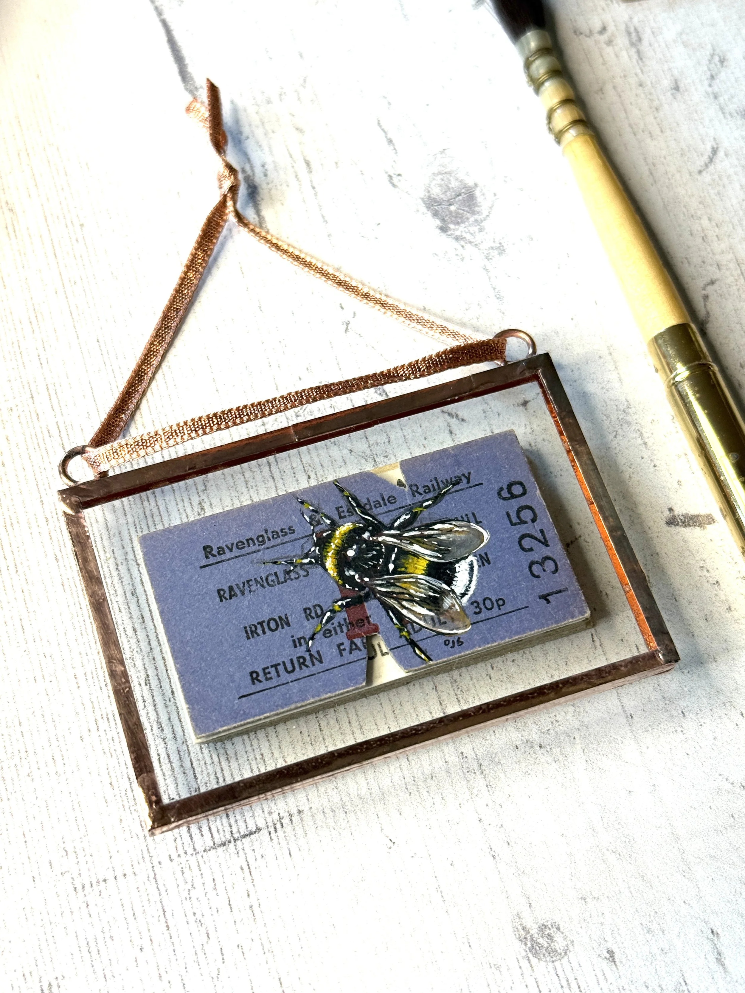 Bee - Ravenglass & Eskdale Railway (R&ER) Original Ticket | Copper Foil Framed Original Painting