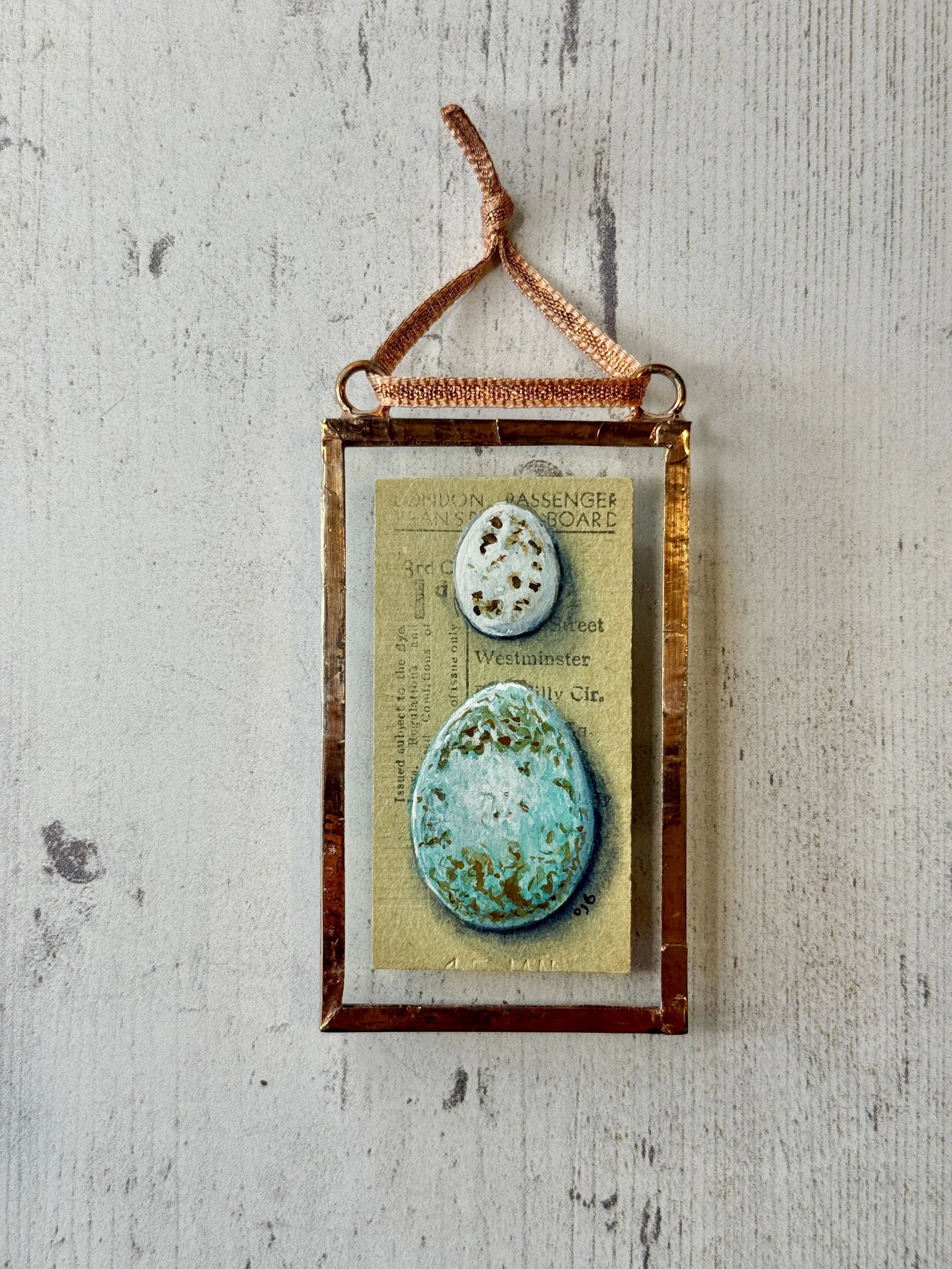 Pair of British Birds' Eggs - Coal Tit & Blackbird - London Passenger Transport Board Ticket | Copper Foil Framed Original Painting
