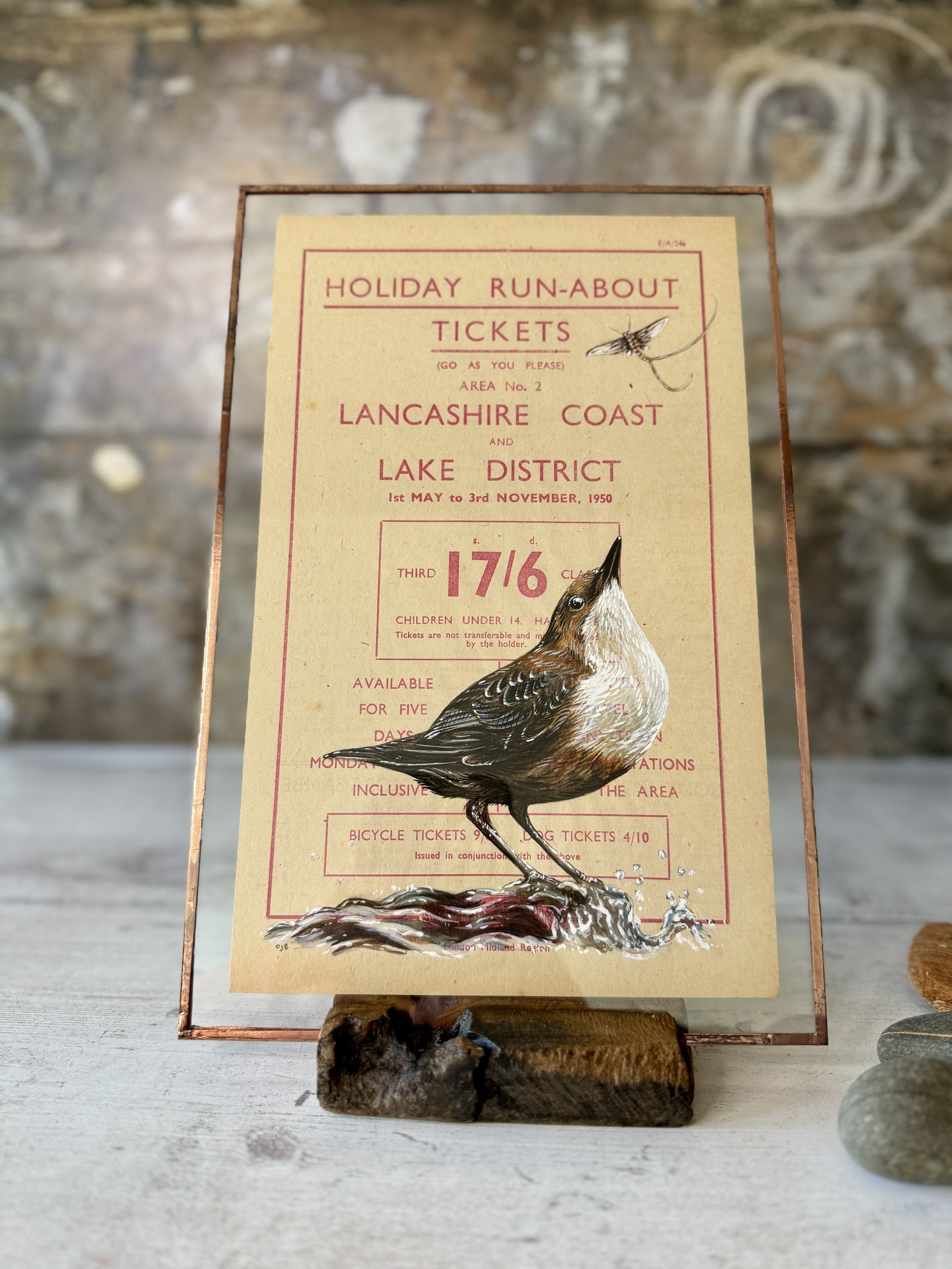 Dipper & Mayfly - 1950 British Railways Handbill Lancashire Coast | Copper Foil Framed Original Painting