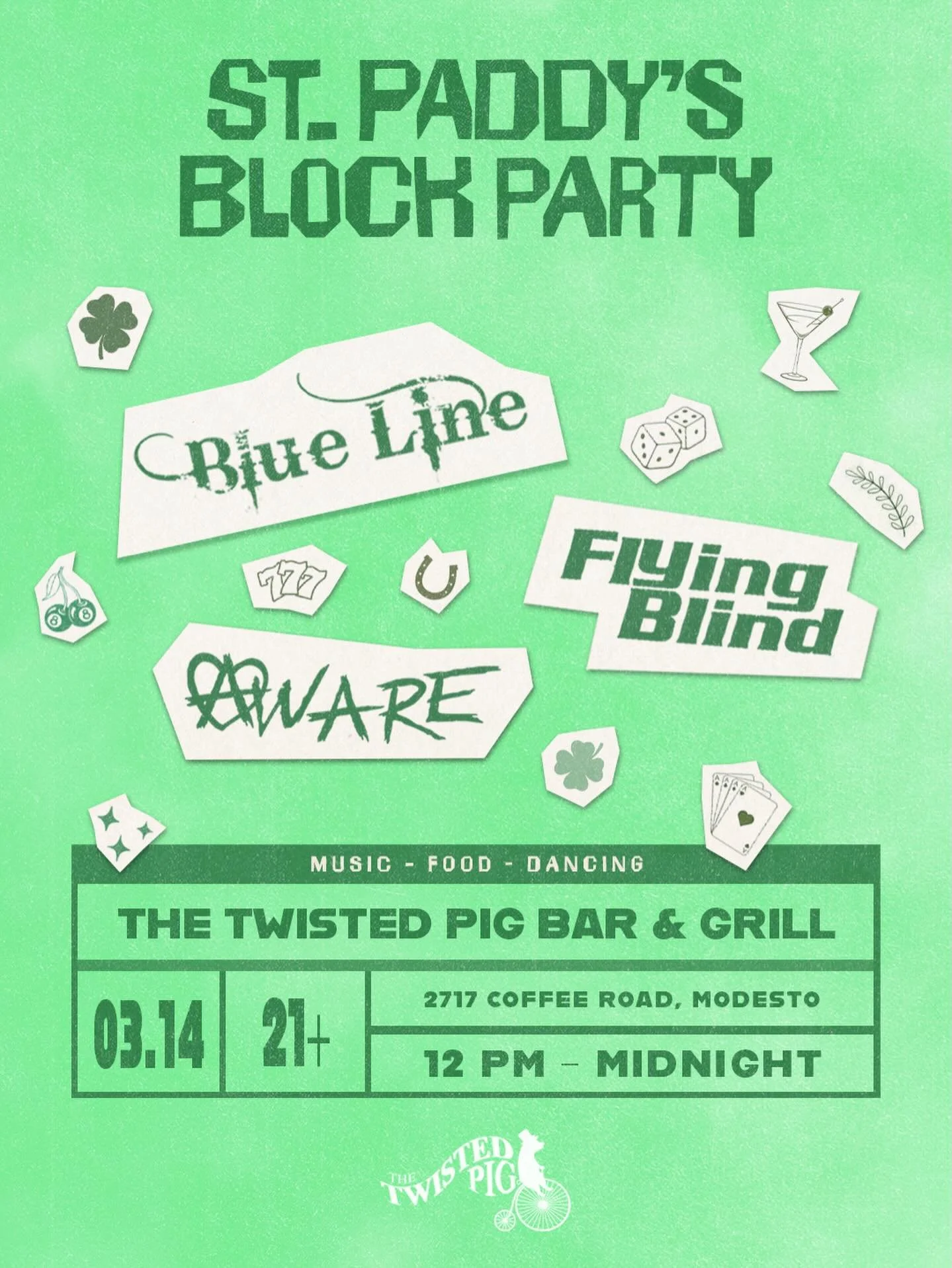 We are so pumped to join headliners @blue_line_country and @flyingblind209 for Twisted Pig&rsquo;s St. Paddy&rsquo;s Day Block Party☘️🍻

🕑 The event takes place from 12PM-Midnight and is 21+
👕 We will be selling merch!
🎫 Tickets are available at 