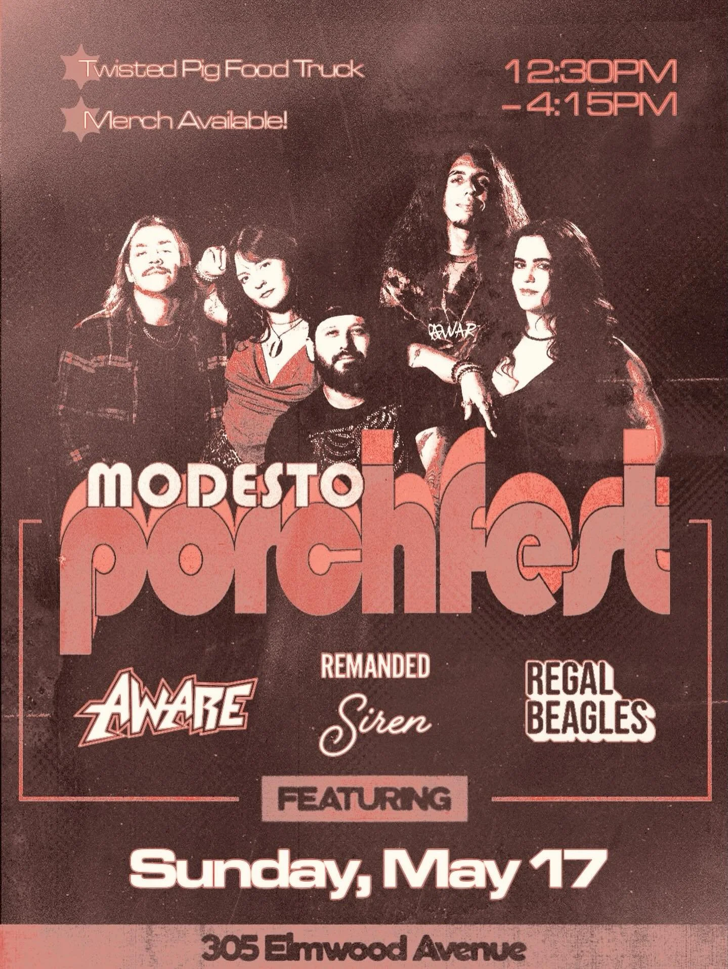 MODESTO PORCHFEST🤩🤩🤩

We&rsquo;re coming atcha live on Sunday, May 17th at 305 Elmwood Avenue joined by Regal Beagles, Siren, and Remanded‼️ Music starts at 12:30 and we go on at 3:30.

We&rsquo;re the porch you won&rsquo;t want to leave! There wi
