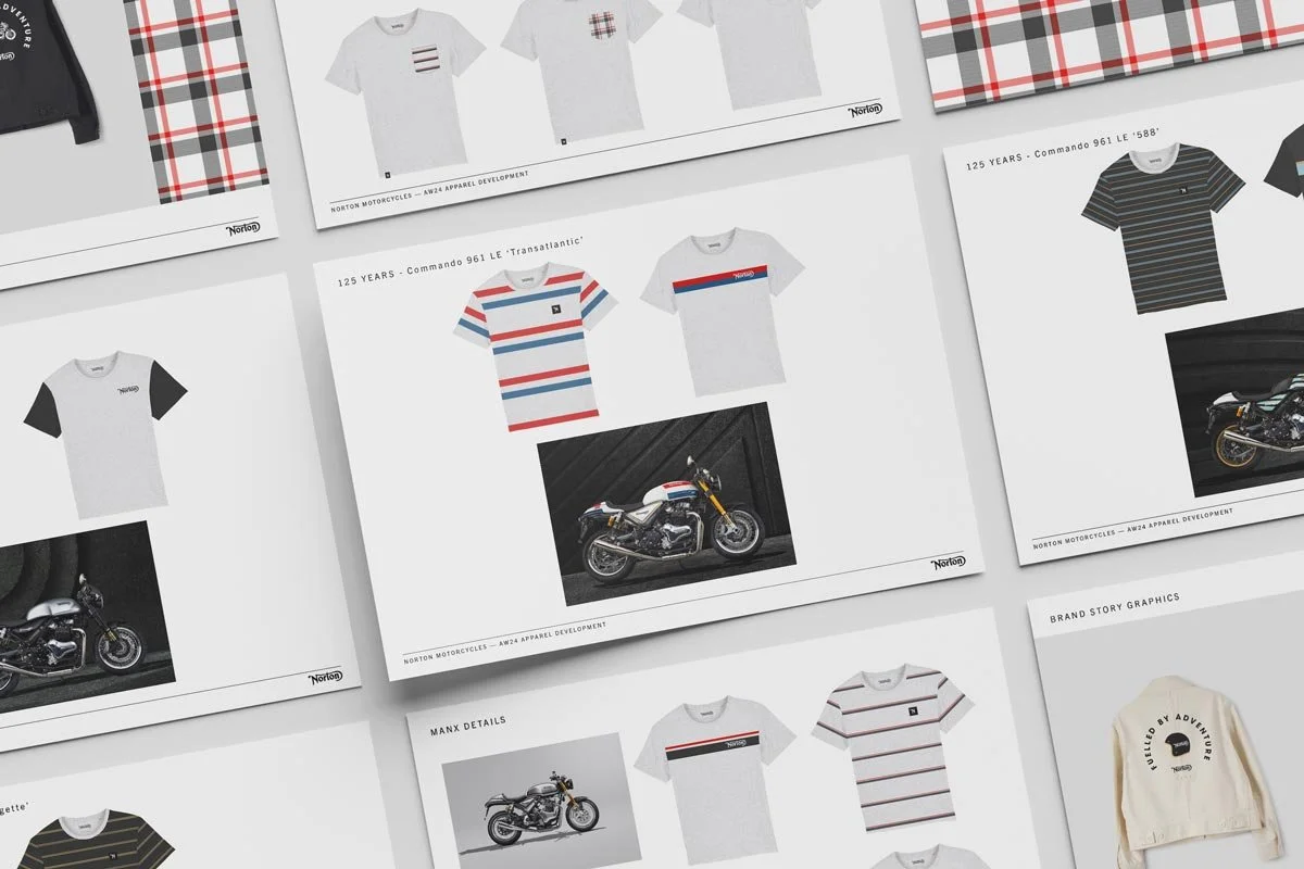  A layout of Norton t-shirt designs and motorcycle imagery. 