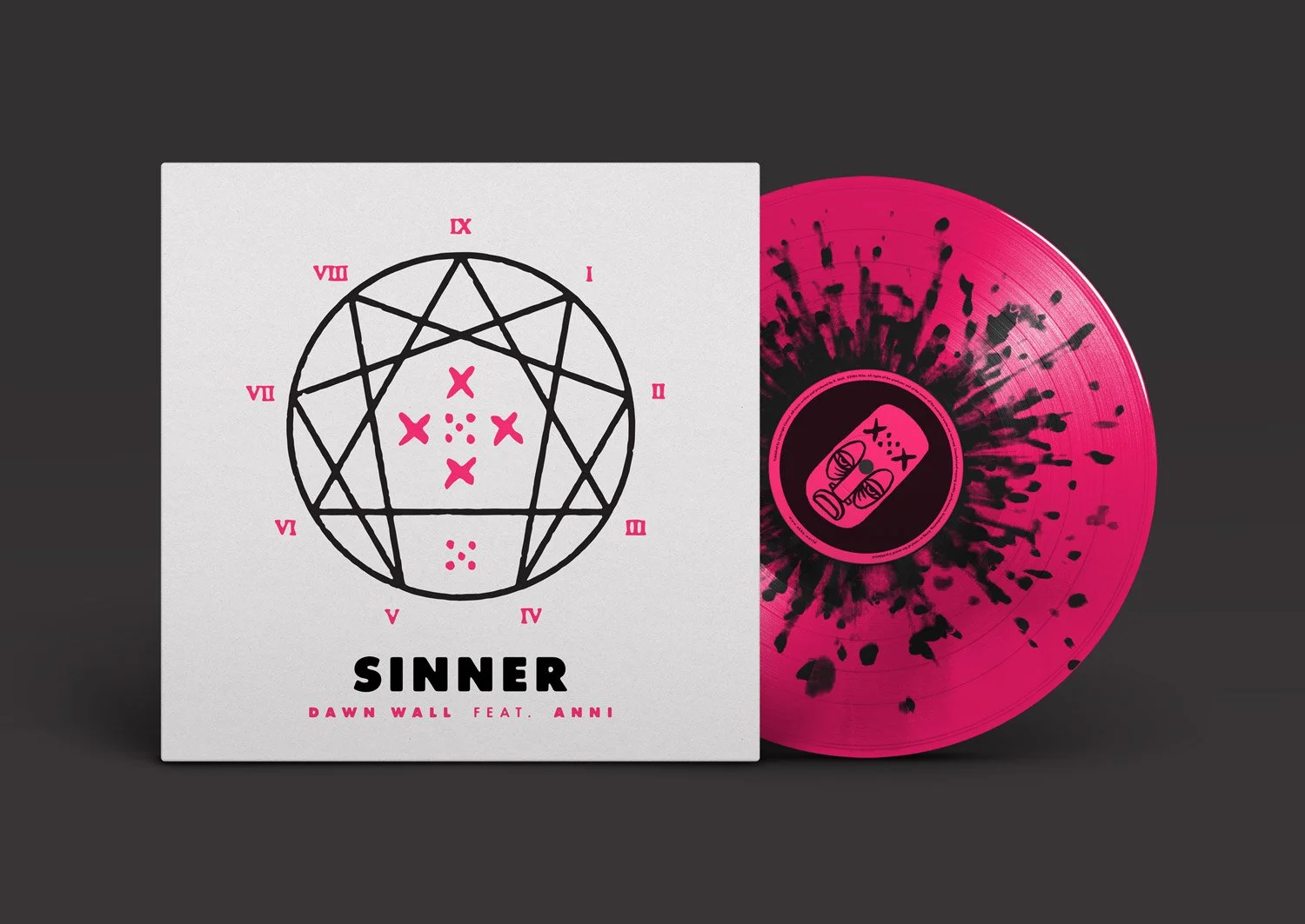 Vinyl record and sleeve with "Sinner" album art featuring a geometric design and bold pink splatter.